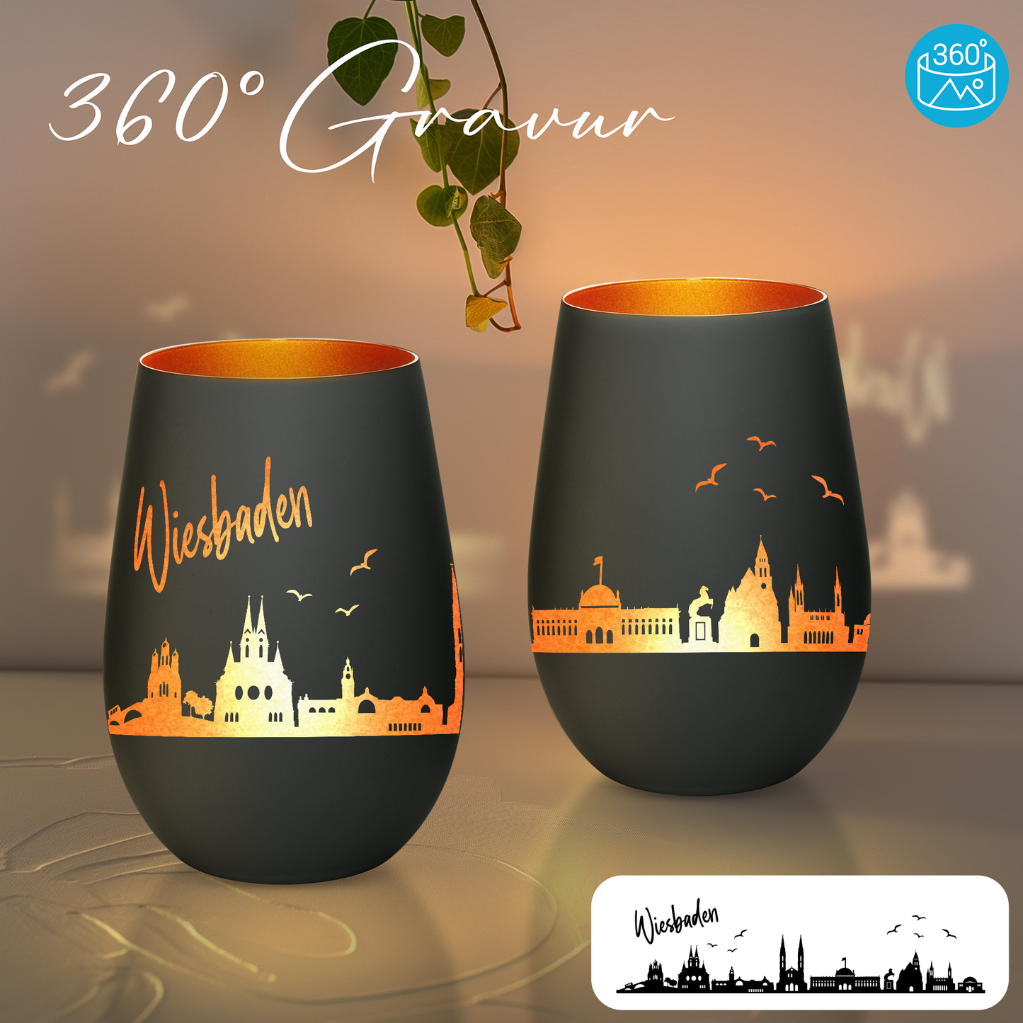 Hochwertiges Glas Windlicht mit Gravur "SKYLINE WIESBADEN" in der Farbe Schwarz/Bronze