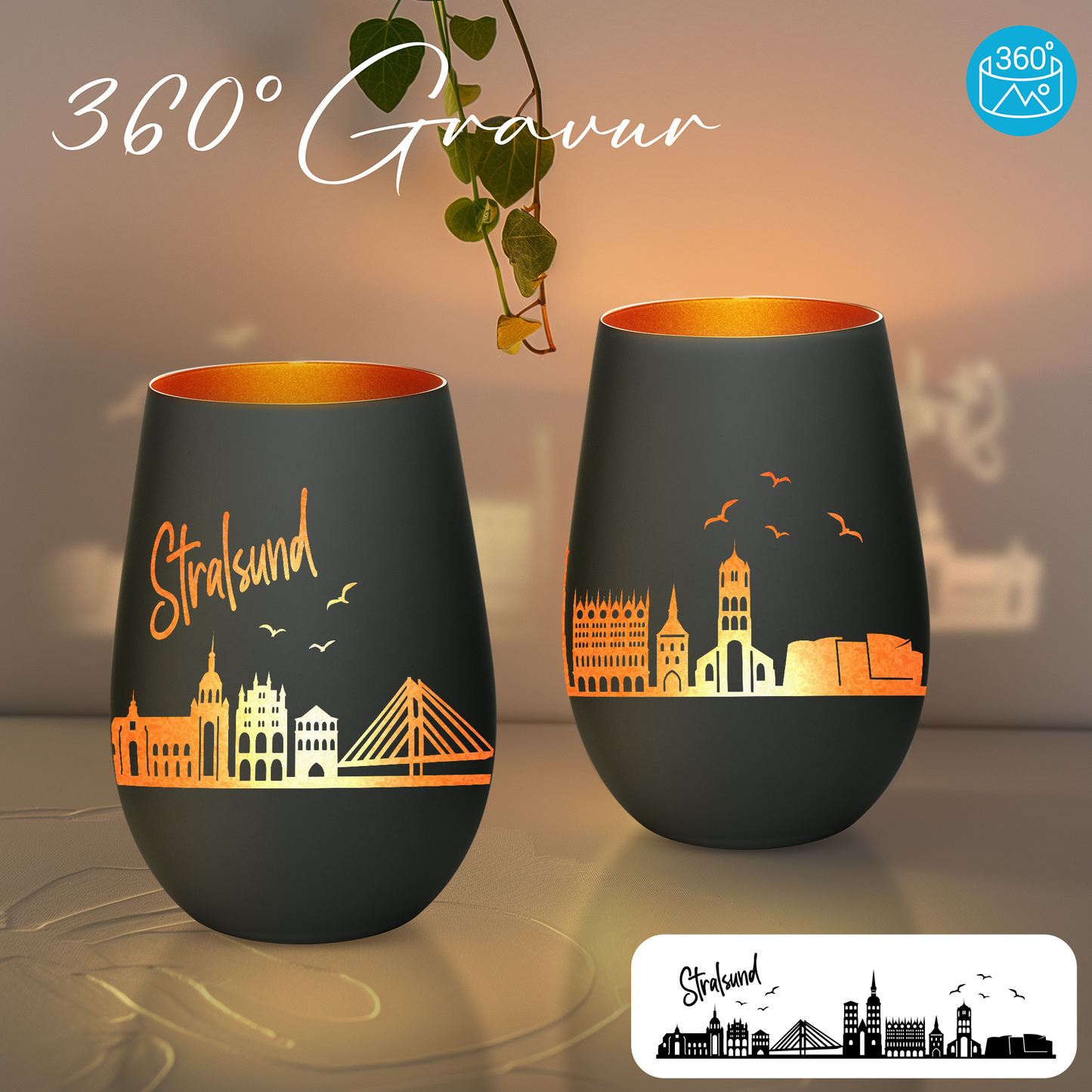 Hochwertiges Glas Windlicht mit Gravur "SKYLINE STRALSUND" in der Farbe Schwarz/Bronze