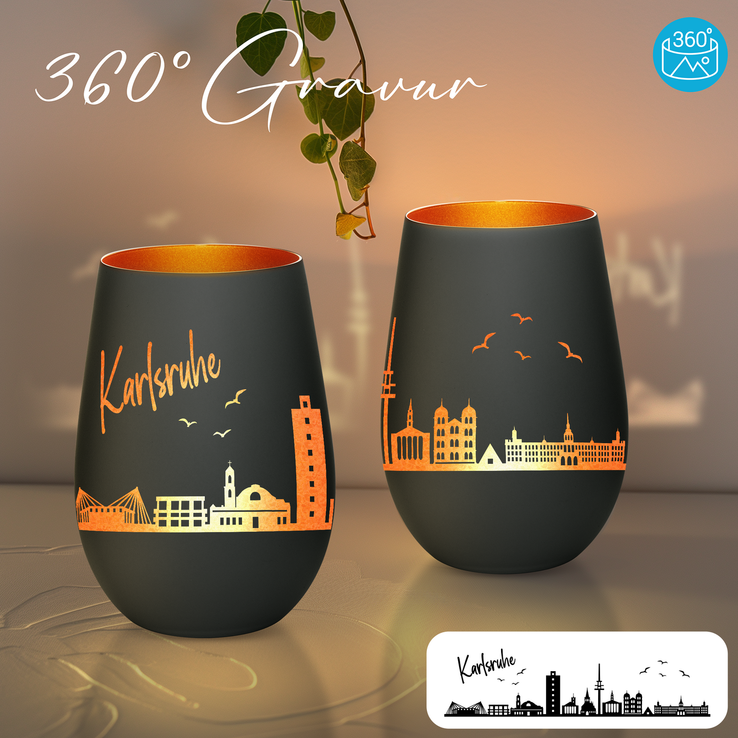 Hochwertiges Glas Windlicht mit Gravur "SKYLINE KARLSRUHE" in der Farbe Schwarz/Bronze
