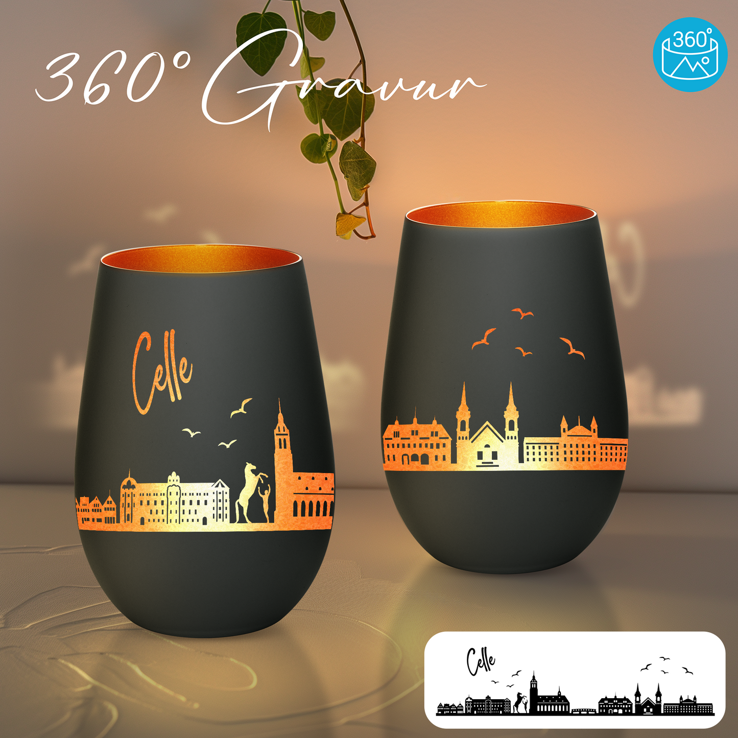 Hochwertiges Glas Windlicht mit Gravur "SKYLINE CELLE" in der Farbe Schwarz/Bronze