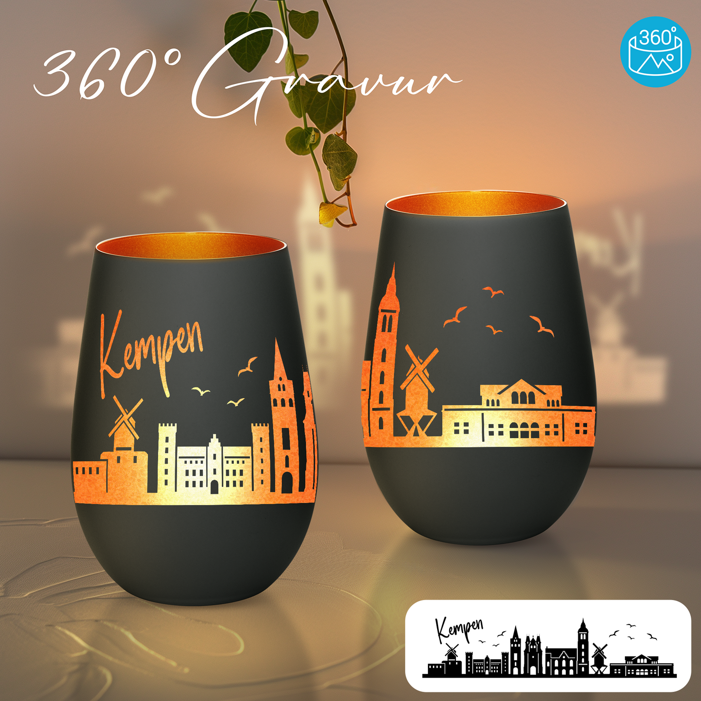 Hochwertiges Glas Windlicht mit Gravur "SKYLINE KEMPEN" in der Farbe Schwarz/Bronze