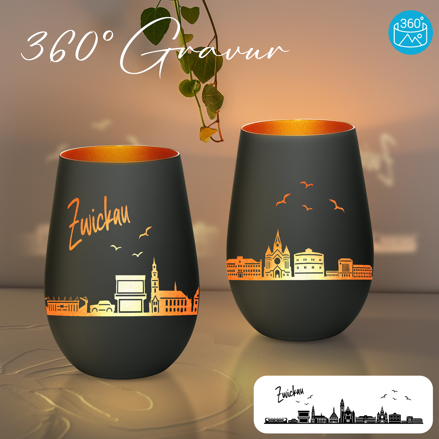 Hochwertiges Glas Windlicht mit Gravur "SKYLINE ZWICKAU" in der Farbe Schwarz/Bronze