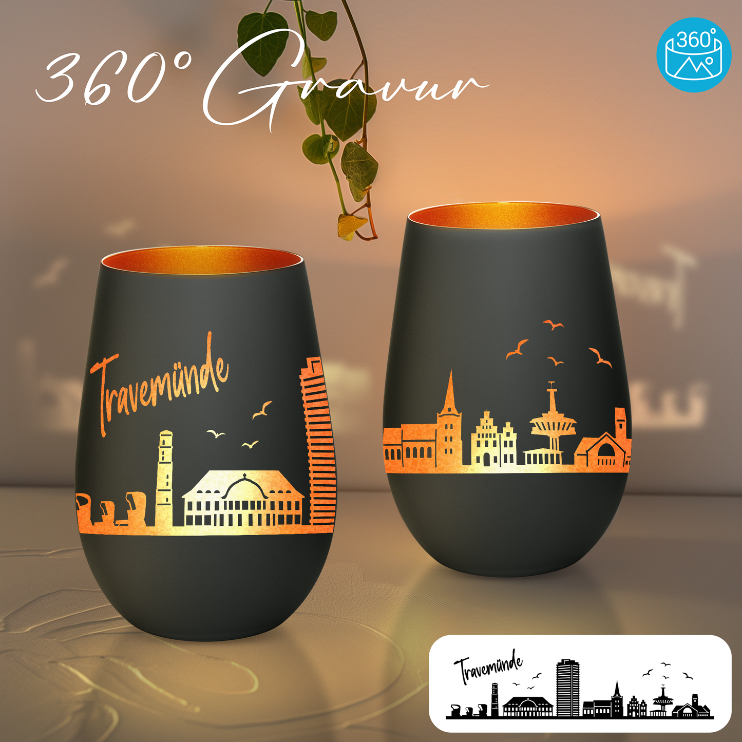 Hochwertiges Glas Windlicht mit Gravur "SKYLINE TRAVEMÜNDE" in der Farbe Schwarz/Bronze