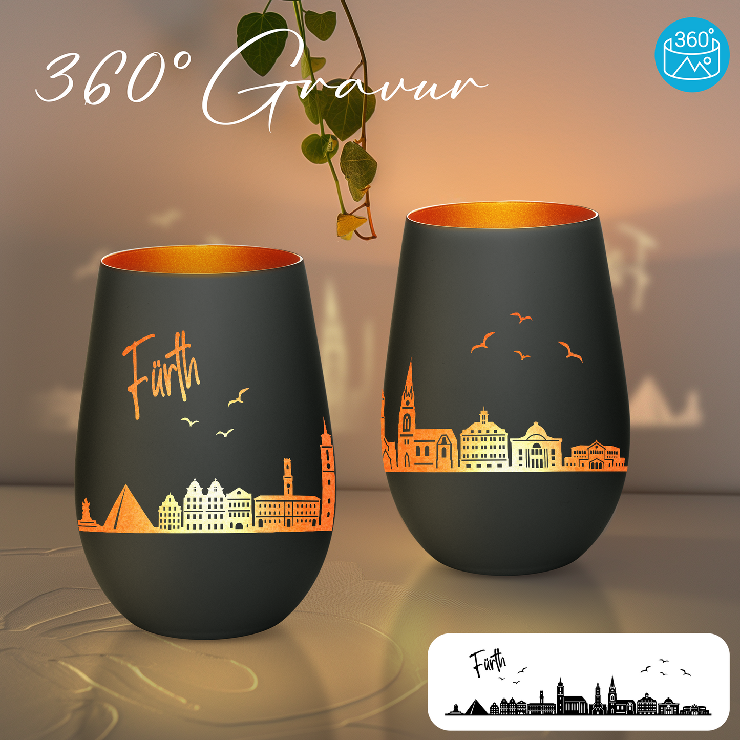 Hochwertiges Glas Windlicht mit Gravur "SKYLINE FÜRTH" in der Farbe Schwarz/Bronze