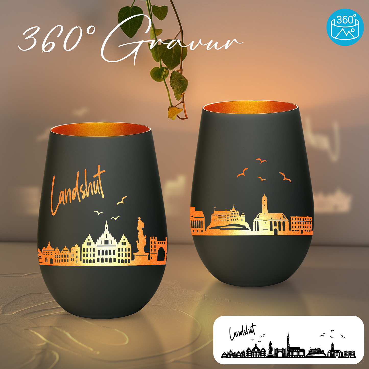 Hochwertiges Glas Windlicht mit Gravur "SKYLINE LANDSHUT" in der Farbe Schwarz/Bronze