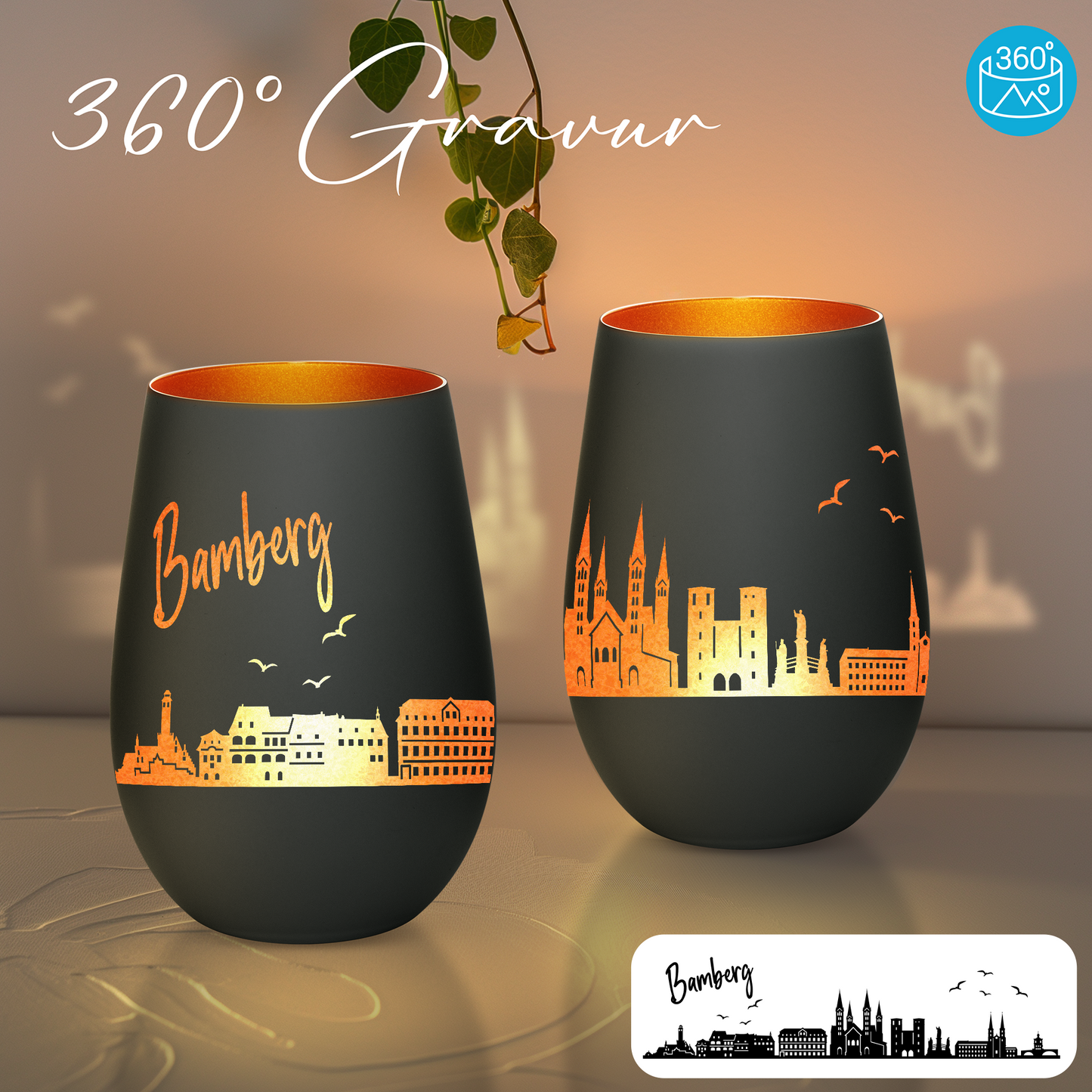 Hochwertiges Glas Windlicht mit Gravur "SKYLINE BAMBERG" in der Farbe Schwarz/Bronze