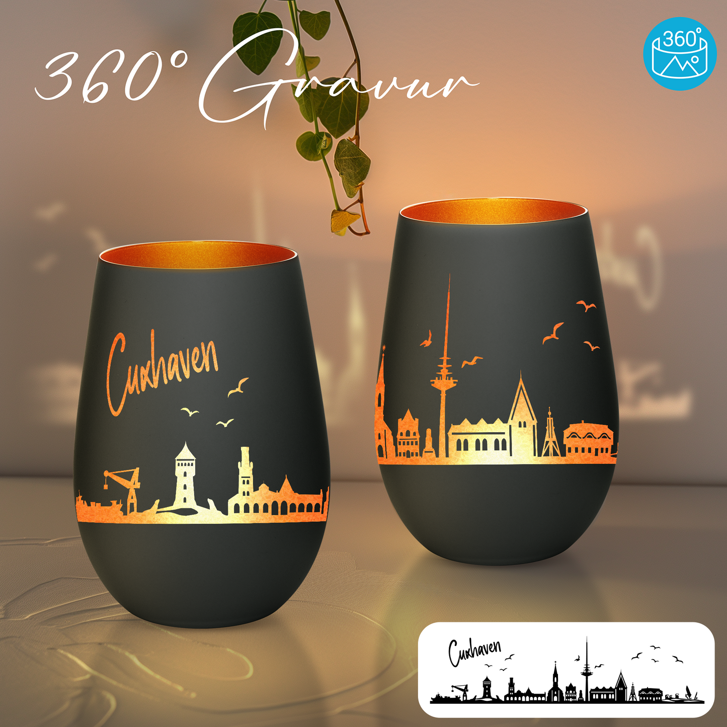 Hochwertiges Glas Windlicht mit Gravur "SKYLINE CUXHAVEN" in der Farbe Schwarz/Bronze