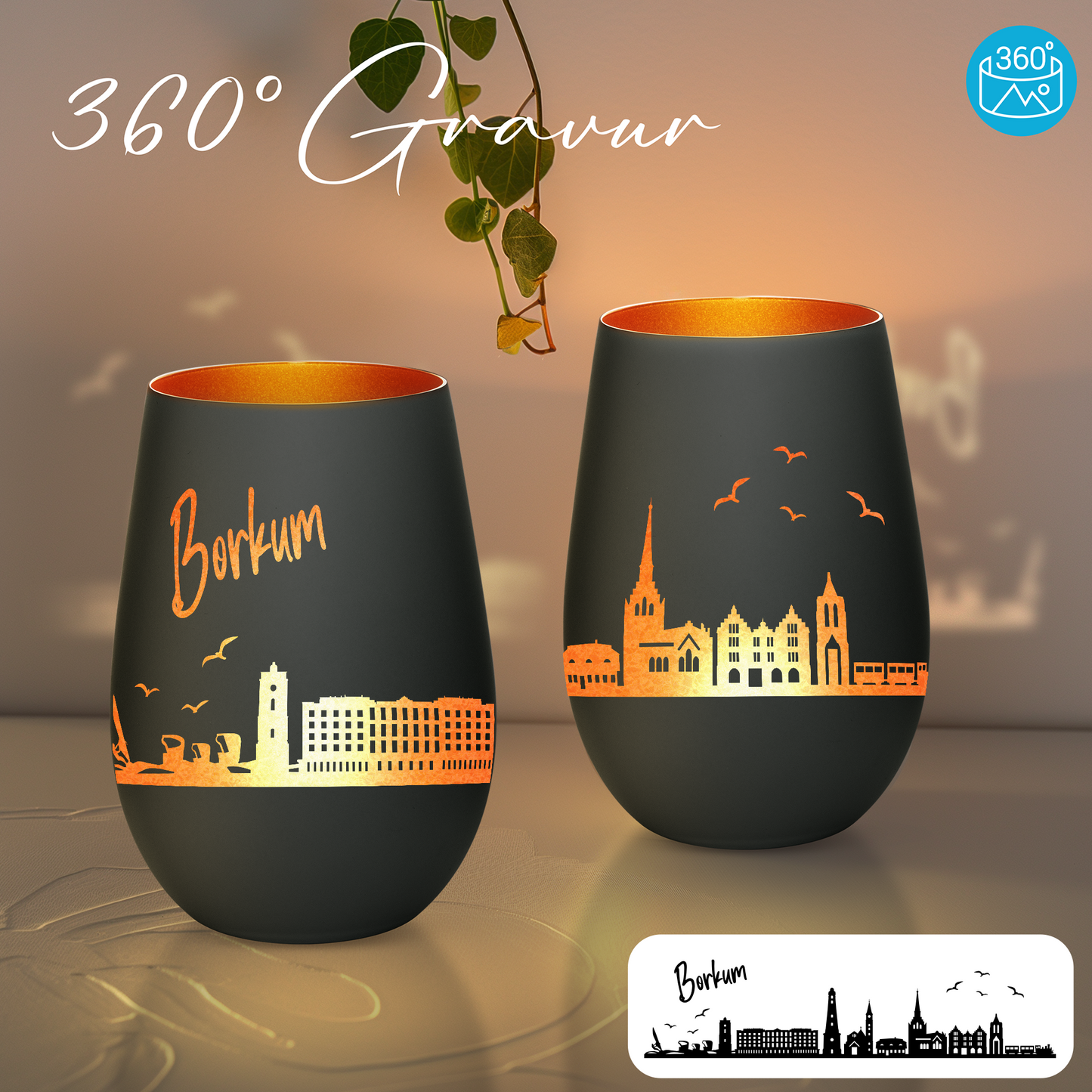 Hochwertiges Glas Windlicht mit Gravur "SKYLINE BORKUM" in der Farbe Schwarz/Bronze