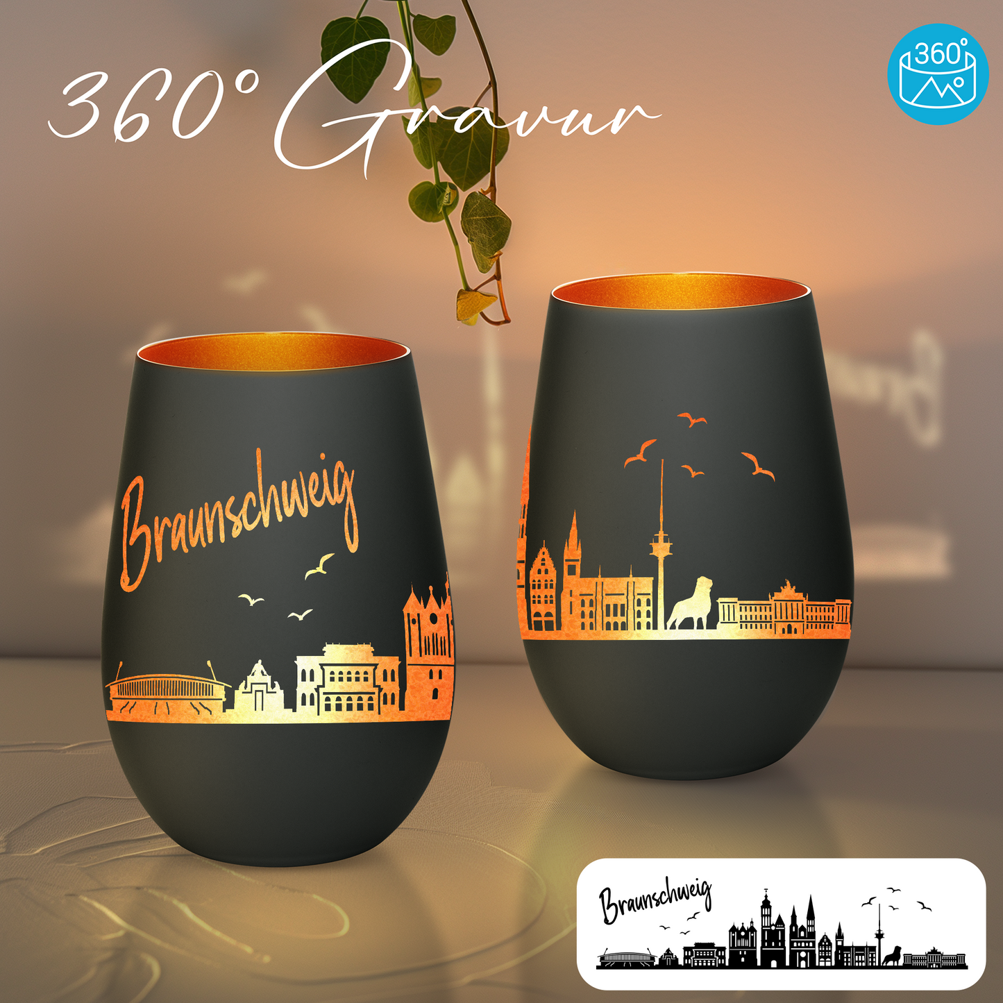 Hochwertiges Glas Windlicht mit Gravur "SKYLINE BRAUNSCHWEIG" in der Farbe Schwarz/Bronze