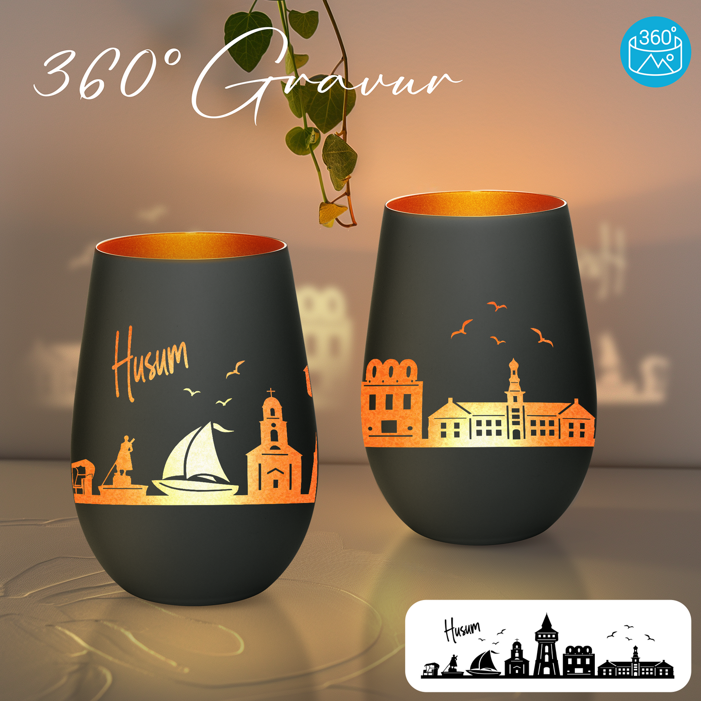 Hochwertiges Glas Windlicht mit Gravur "SKYLINE HUSUM" in der Farbe Schwarz/Bronze