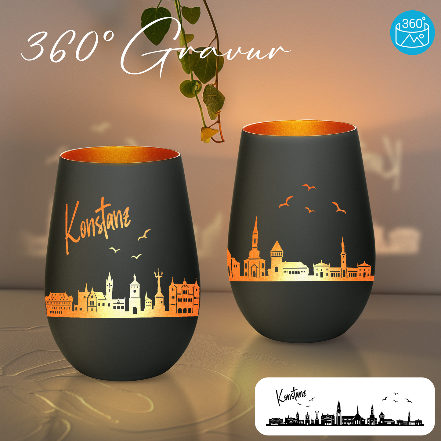 Hochwertiges Glas Windlicht mit Gravur "SKYLINE KONSTANZ" in der Farbe Schwarz/Bronze