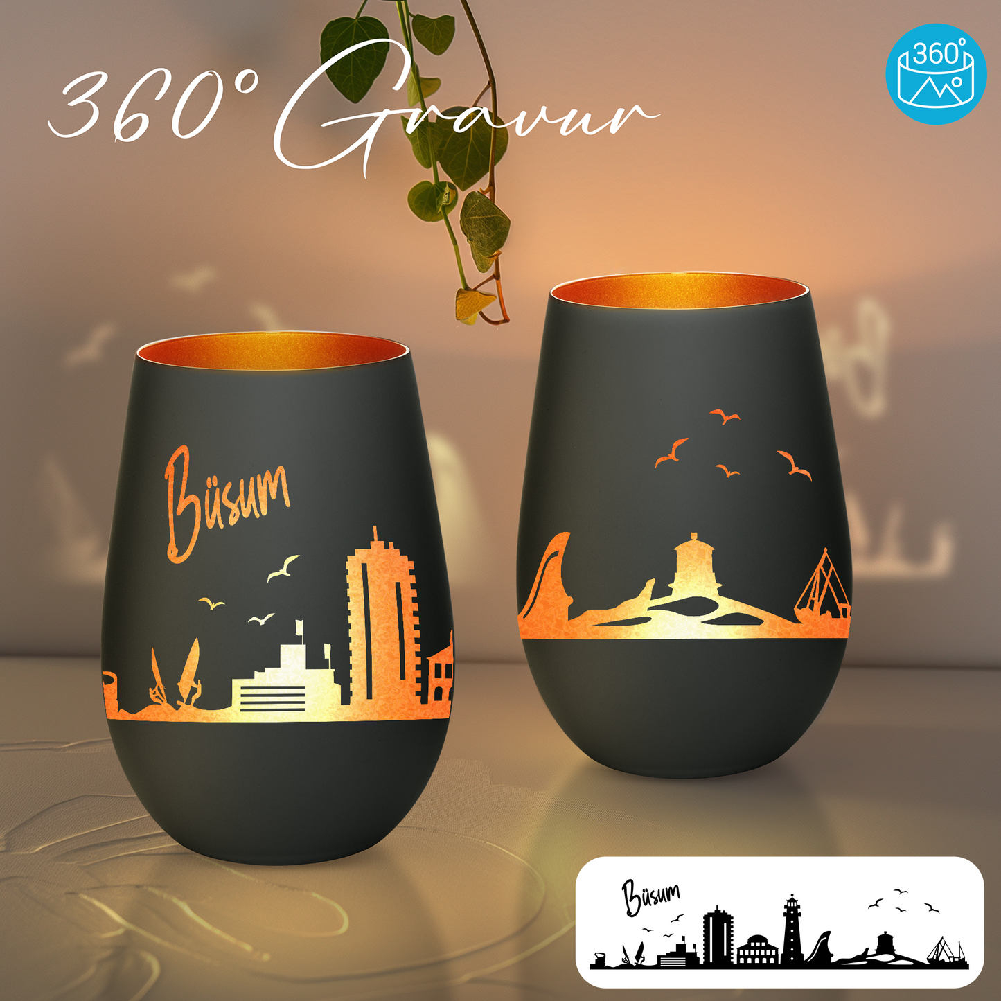 Hochwertiges Glas Windlicht mit Gravur "SKYLINE BÜSUM" in der Farbe Schwarz/Bronze