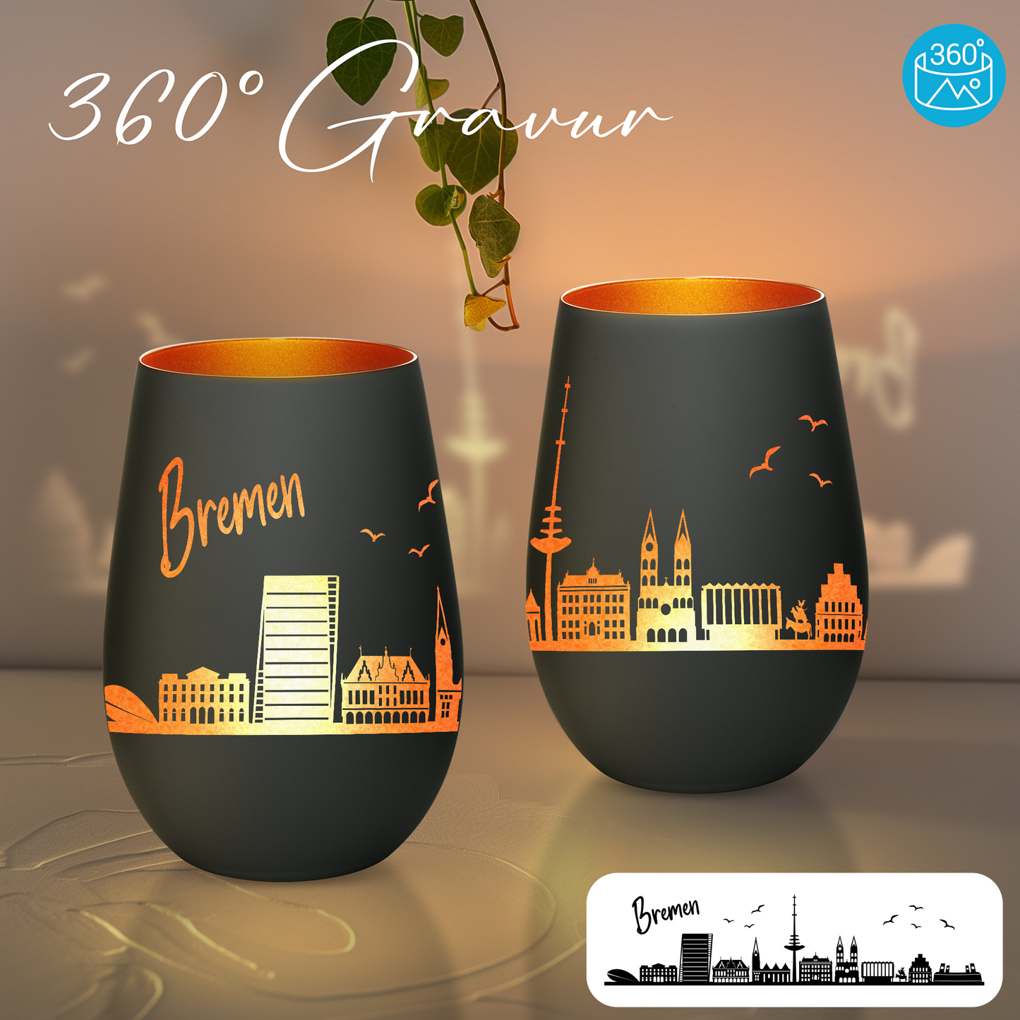 Hochwertiges Glas Windlicht mit Gravur "SKYLINE BREMEN" in der Farbe Schwarz/Bronze