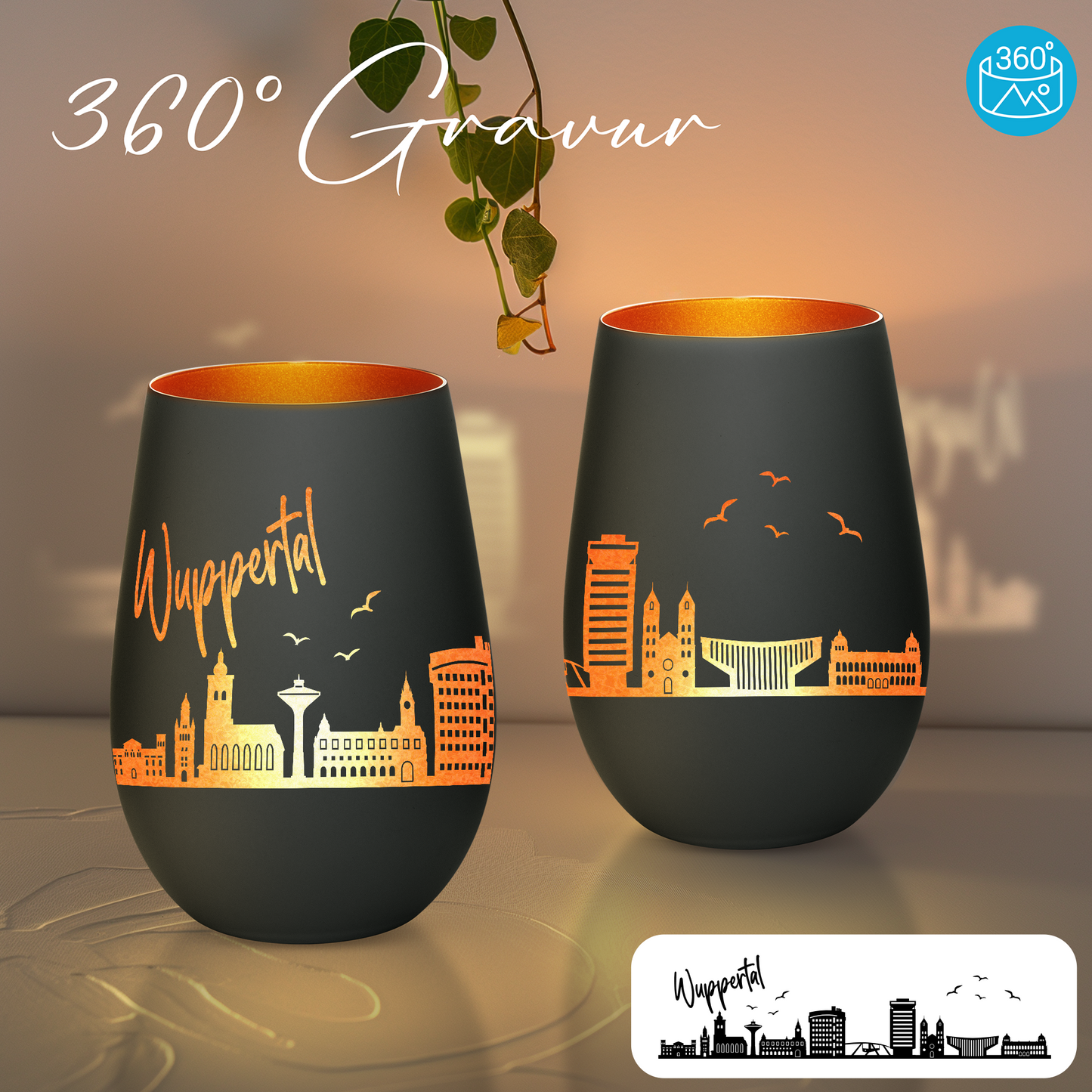 Hochwertiges Glas Windlicht mit Gravur "SKYLINE WUPPERTAL" in der Farbe Schwarz/Bronze