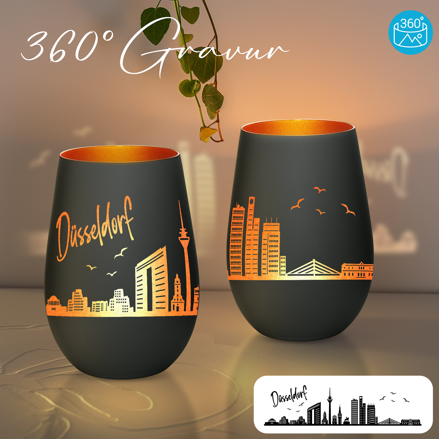 Hochwertiges Glas Windlicht mit Gravur "SKYLINE DÜSSELDORF" in der Farbe Schwarz/Bronze