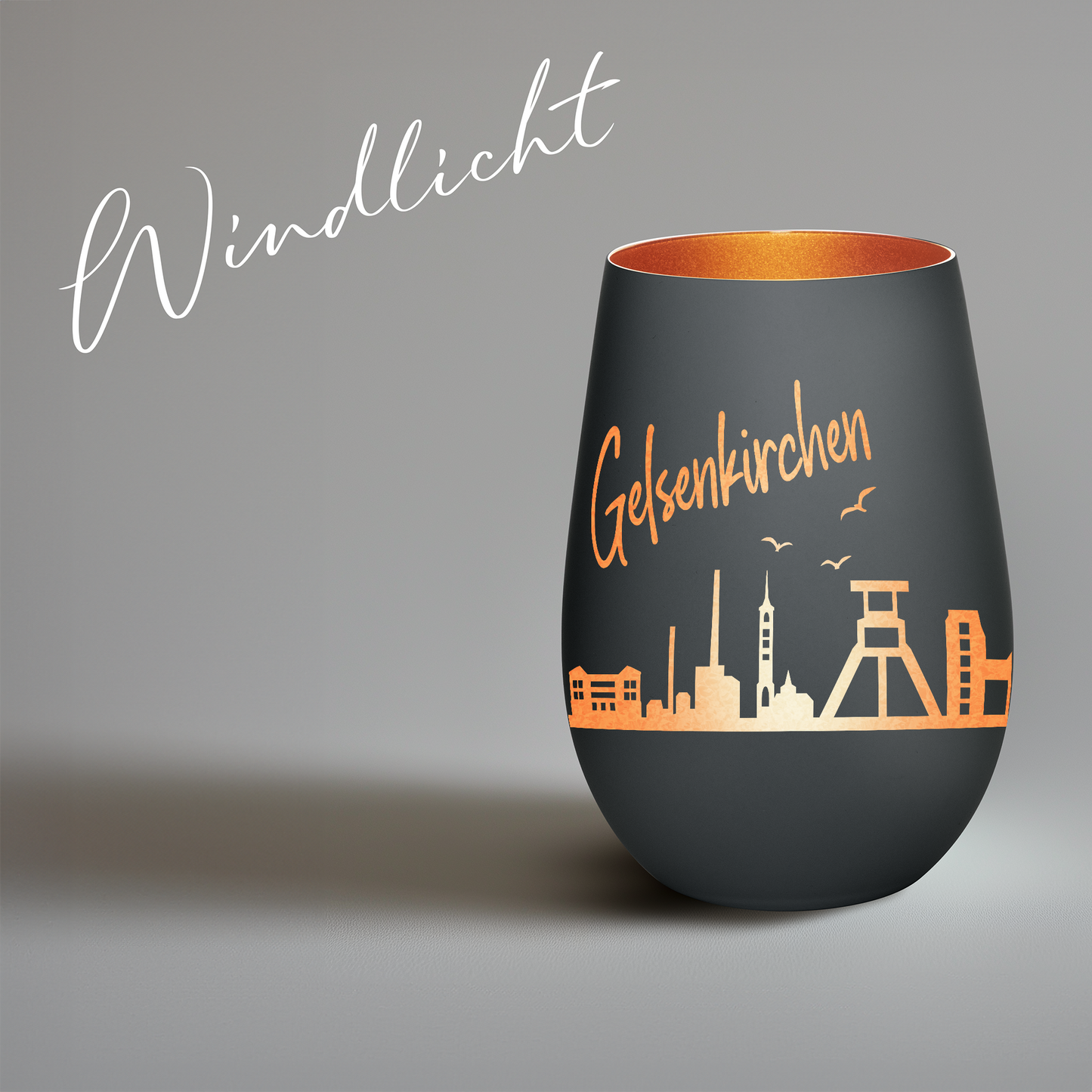 Hochwertiges Glas Windlicht mit Gravur "SKYLINE GELSENKIRCHEN" in der Farbe Schwarz/Bronze