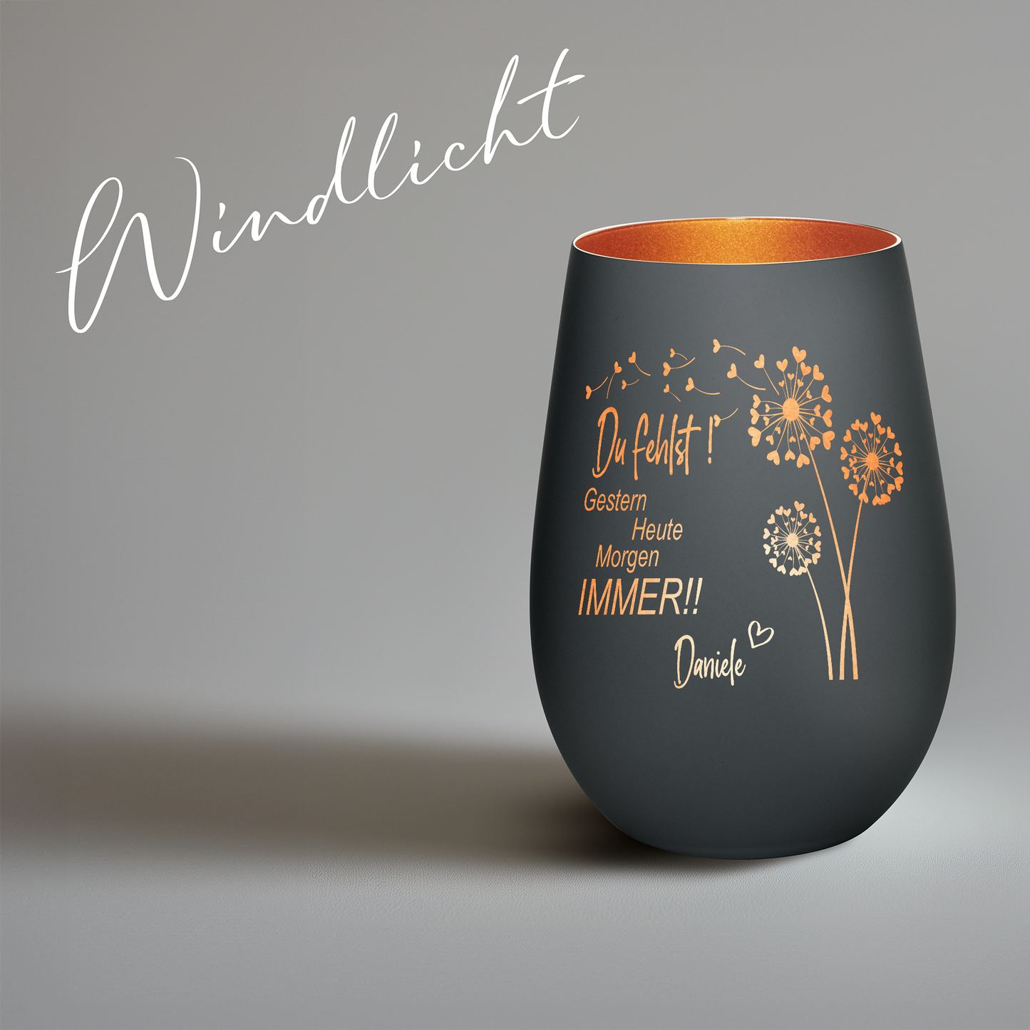 Hochwertiges Glas Windlicht mit Gravur als Trauerlicht "DU FEHLST! GESTERN HEUTE MORGEN IMMER" mit Wunschname in der Farbe Schwarz/Bronze
