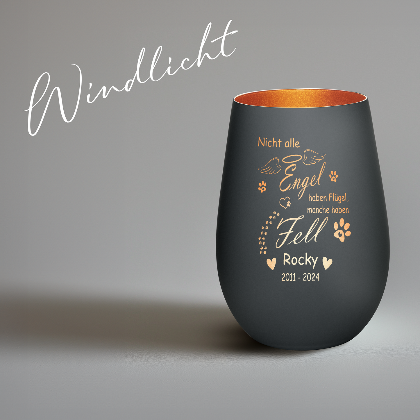 Hochwertiges Glas Windlicht als Trauerlicht für deinen Hund oder Katze "NICHT ALLE ENGEL HABEN FLÜGEL MANCHE HABEN FELL" mit Wunschname in der Farbe Schwarz/Bronze