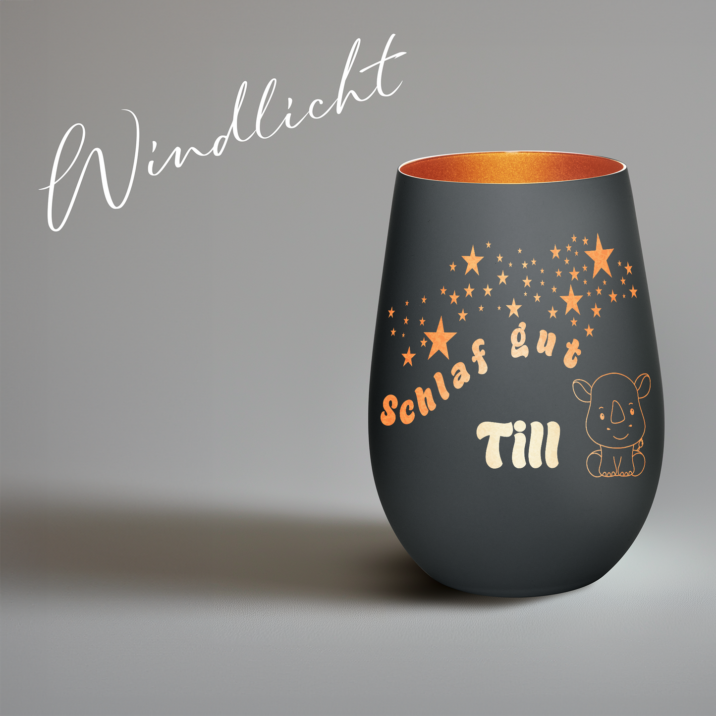 Hochwertiges Glas Windlicht für Kinder mit Gravur "SCHLAF GUT" Motiv Nashorn mit Wunschname in der Farbe Schwarz/Bronze
