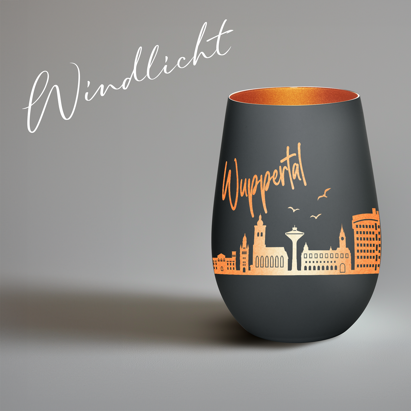 Hochwertiges Glas Windlicht mit Gravur "SKYLINE WUPPERTAL" in der Farbe Schwarz/Bronze