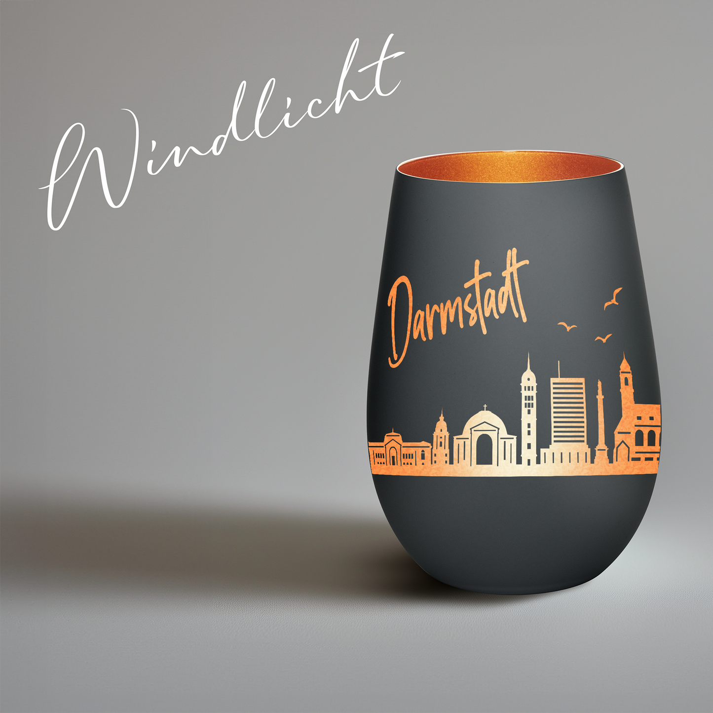 Hochwertiges Glas Windlicht mit Gravur "SKYLINE DARMSTADT" in der Farbe Schwarz/Bronze