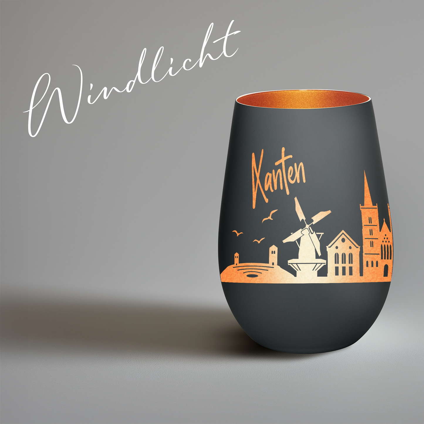 Hochwertiges Glas Windlicht mit Gravur "SKYLINE XANTEN" in der Farbe Schwarz/Bronze