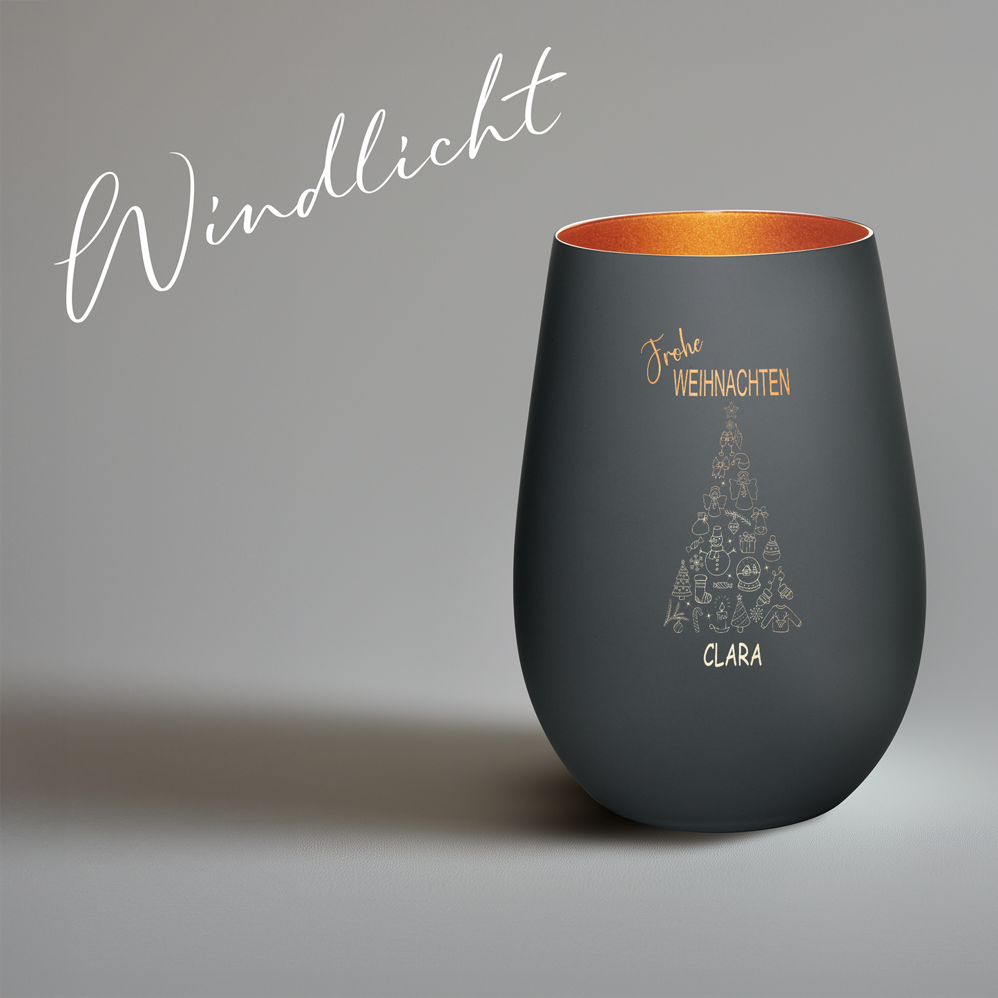 Hochwertiges Glas Windlicht mit Gravur "FROHE WEIHNACHTEN" mit Wunschname in der Farbe Schwarz/Bronze