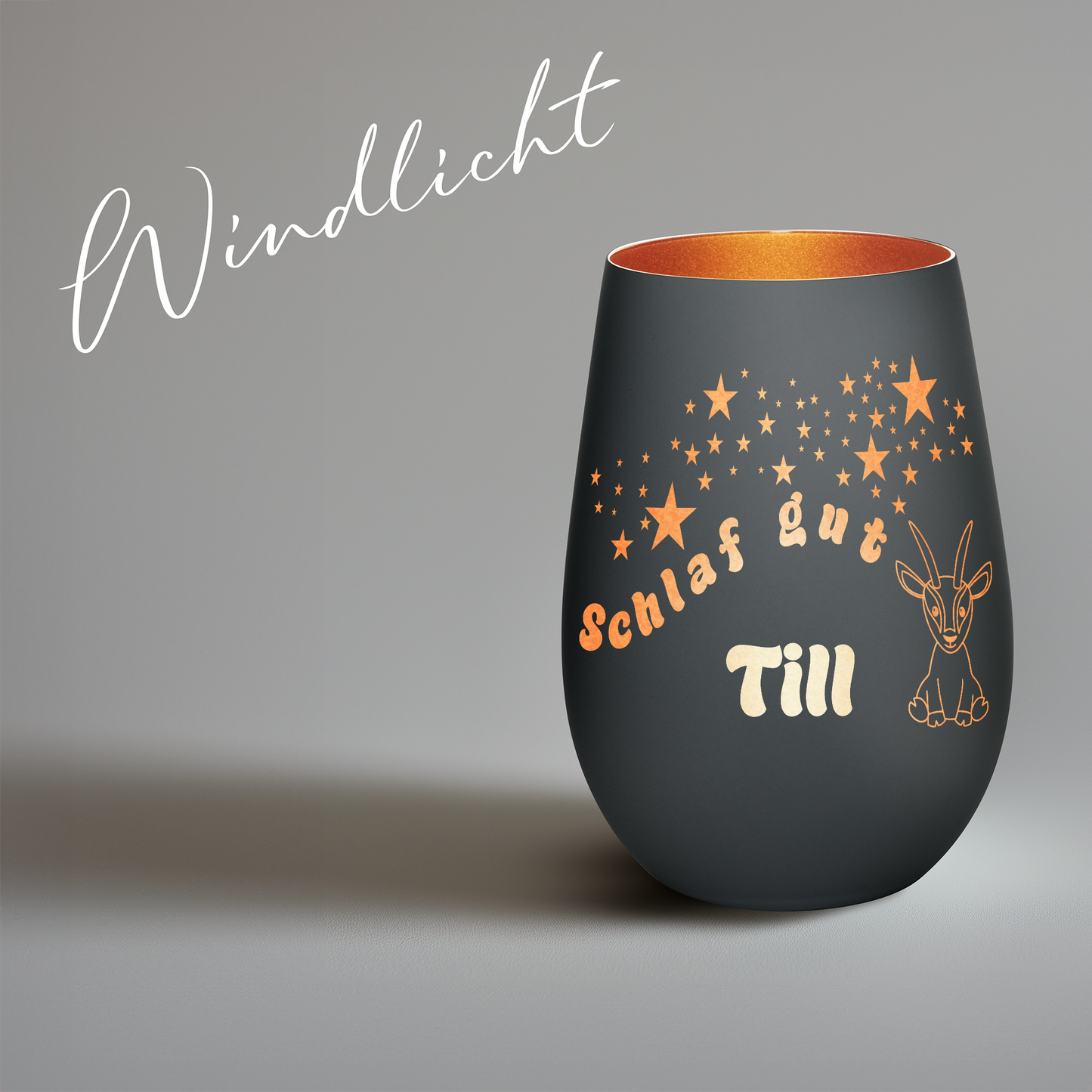 Hochwertiges Glas Windlicht für Kinder mit Gravur "SCHLAF GUT" Motiv Antilope mit Wunschname in der Farbe Schwarz/Bronze
