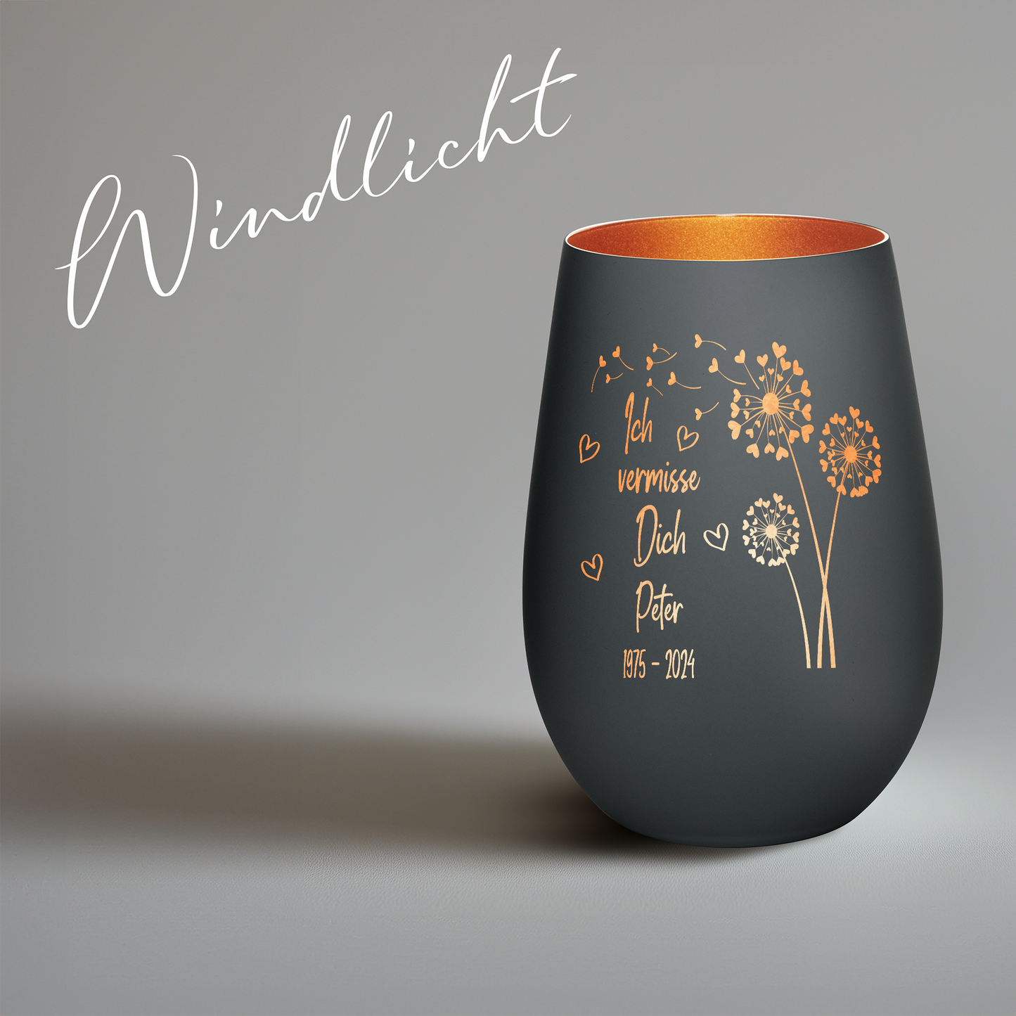 Hochwertiges Glas Windlicht mit Gravur als Trauerlicht "ICH VERMISSE DICH" mit Wunschname in der Farbe Schwarz/Bronze