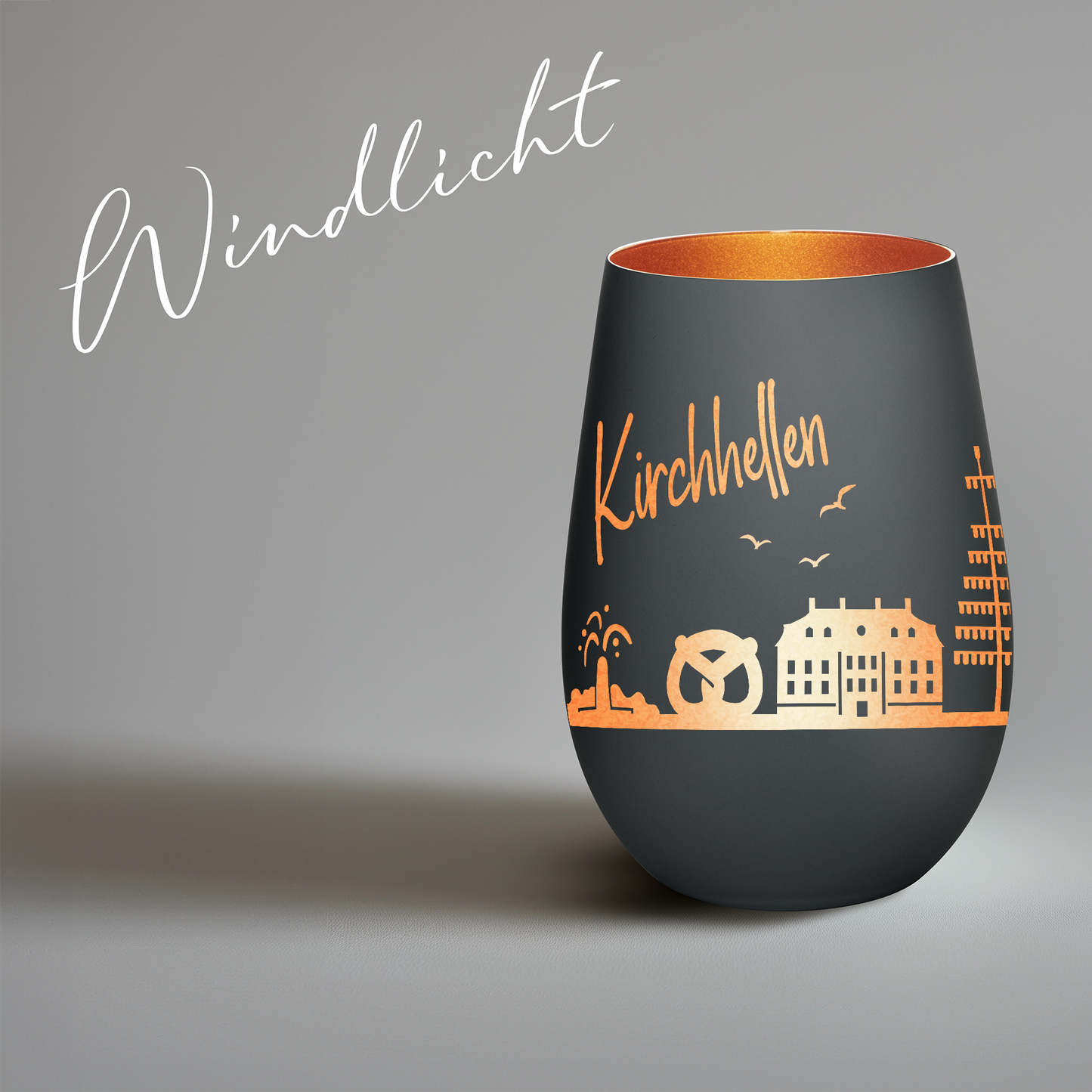 Hochwertiges Glas Windlicht mit Gravur "SKYLINE KIRCHHELLEN" in der Farbe Schwarz/Bronze