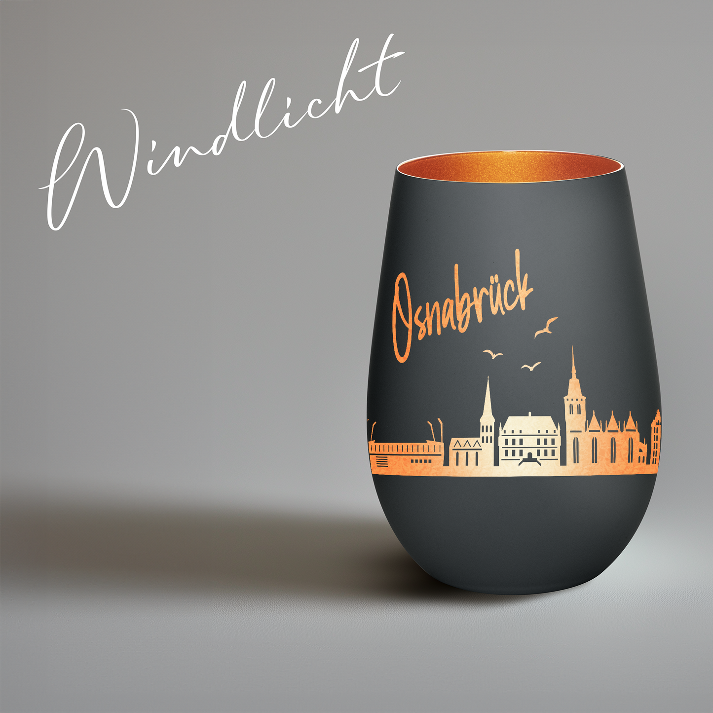 Hochwertiges Glas Windlicht mit Gravur "SKYLINE OSNABRÜCK" in der Farbe Schwarz/Bronze