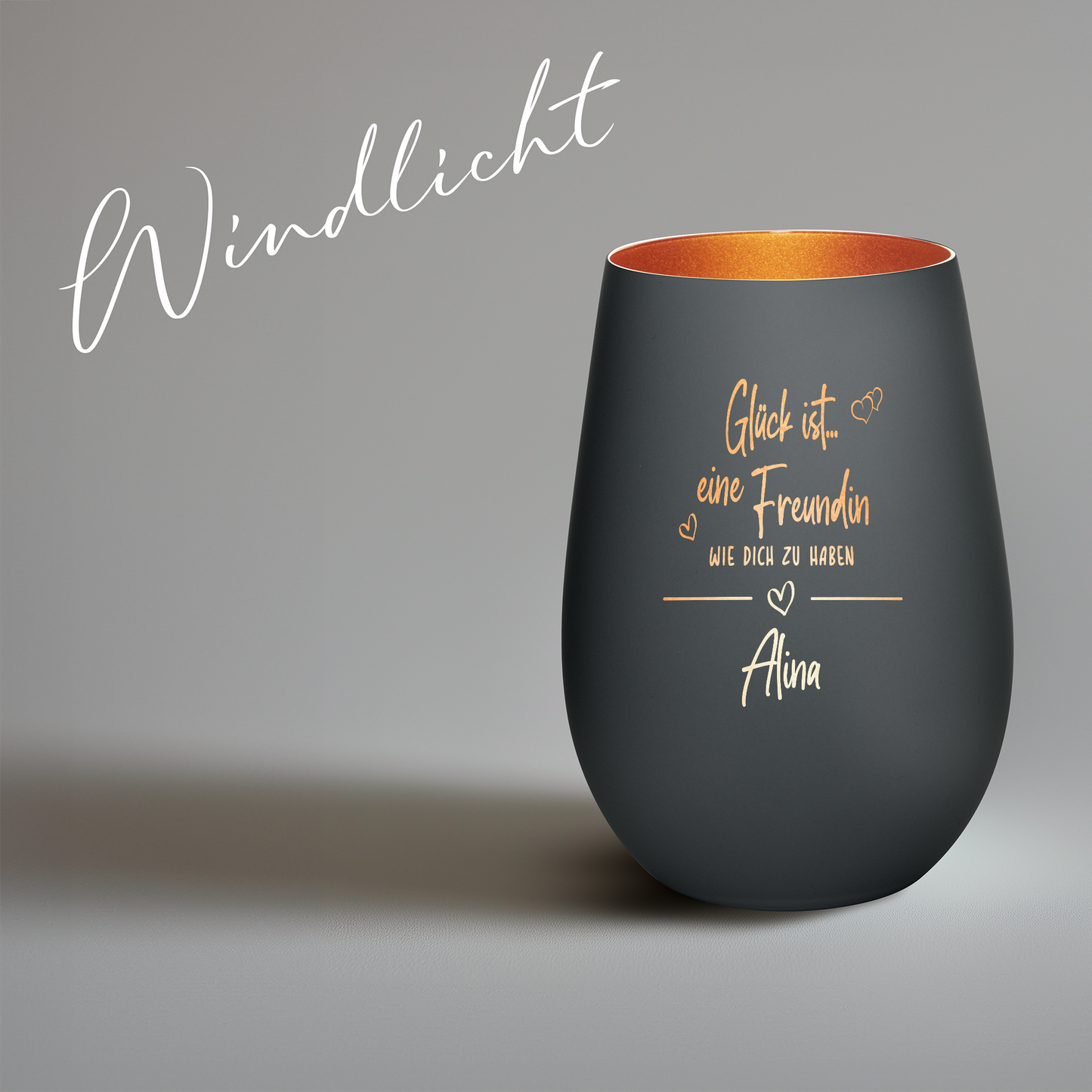 Hochwertiges Glas Windlicht mit Gravur "GLÜCK IST EINE FREUNDIN WIE DICH ZU HABEN" mit Wunschname in der Farbe Schwarz/Bronze