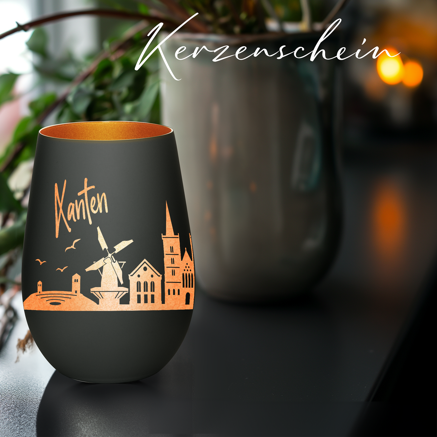 Hochwertiges Glas Windlicht mit Gravur "SKYLINE XANTEN" in der Farbe Schwarz/Bronze