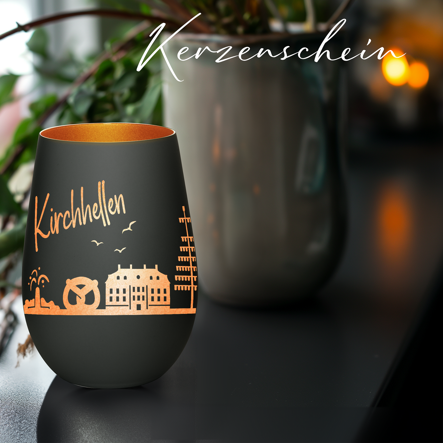 Hochwertiges Glas Windlicht mit Gravur "SKYLINE KIRCHHELLEN" in der Farbe Schwarz/Bronze