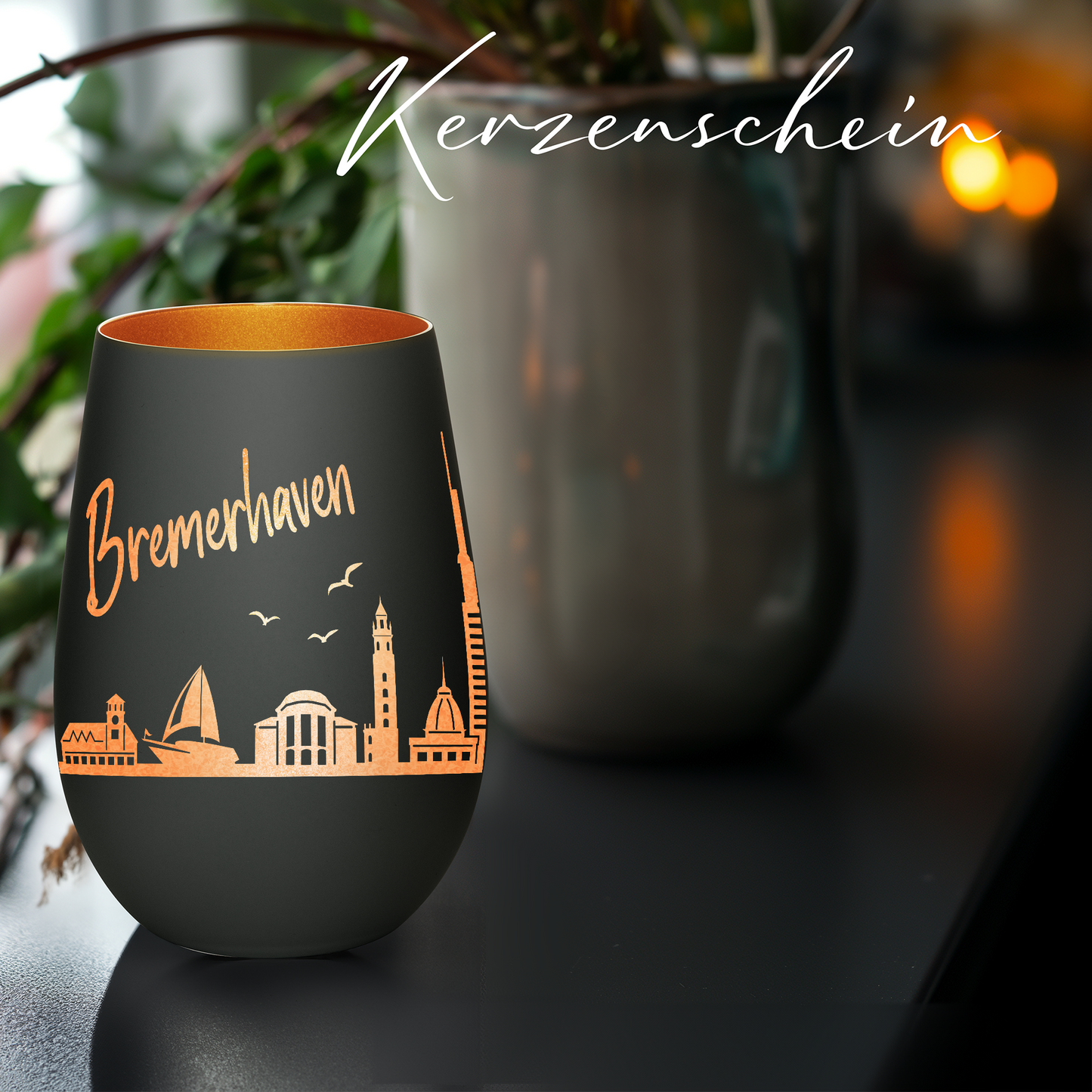 Hochwertiges Glas Windlicht mit Gravur "SKYLINE BREMERHAVEN" in der Farbe Schwarz/Bronze