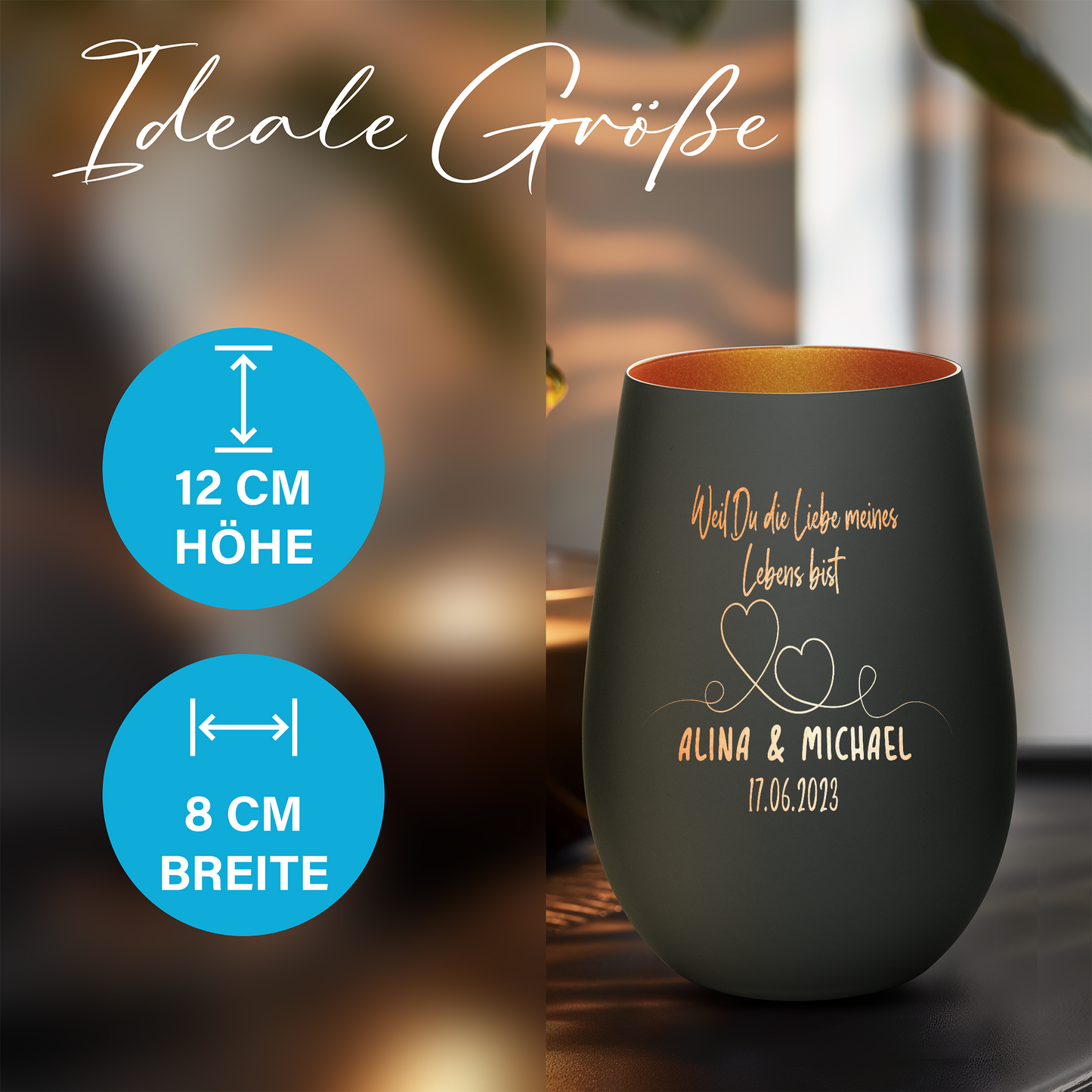 Hochwertiges Glas Windlicht mit Gravur "WEIL DU DIE LIEBE MEINES LEBENS BIST" mit Wunschnamen und Datum in der Farbe Schwarz/Bronze