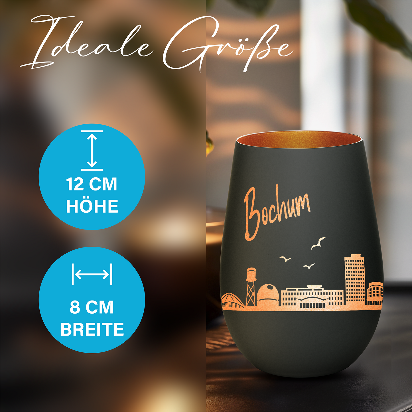 Hochwertiges Glas Windlicht mit Gravur "SKYLINE BOCHUM" in der Farbe Schwarz/Bronze