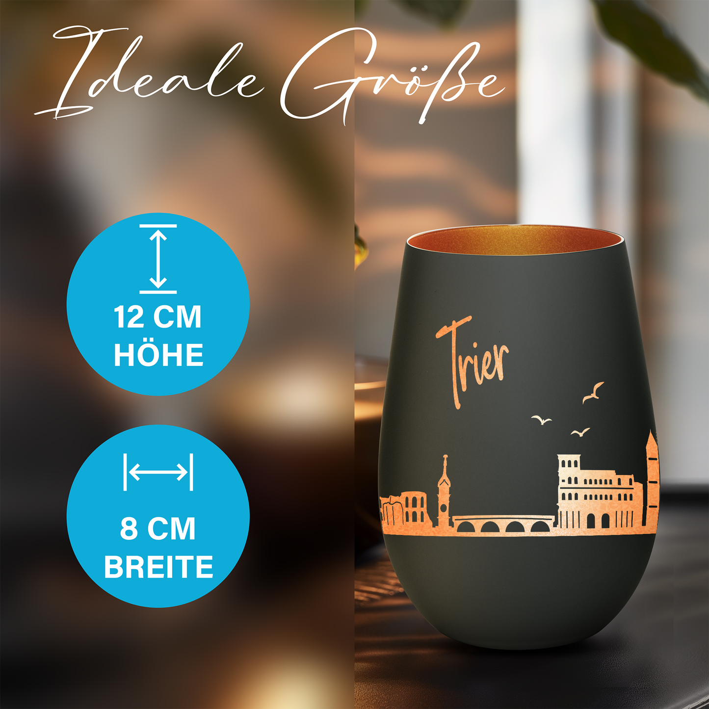 Hochwertiges Glas Windlicht mit Gravur "SKYLINE TRIER" in der Farbe Schwarz/Bronze