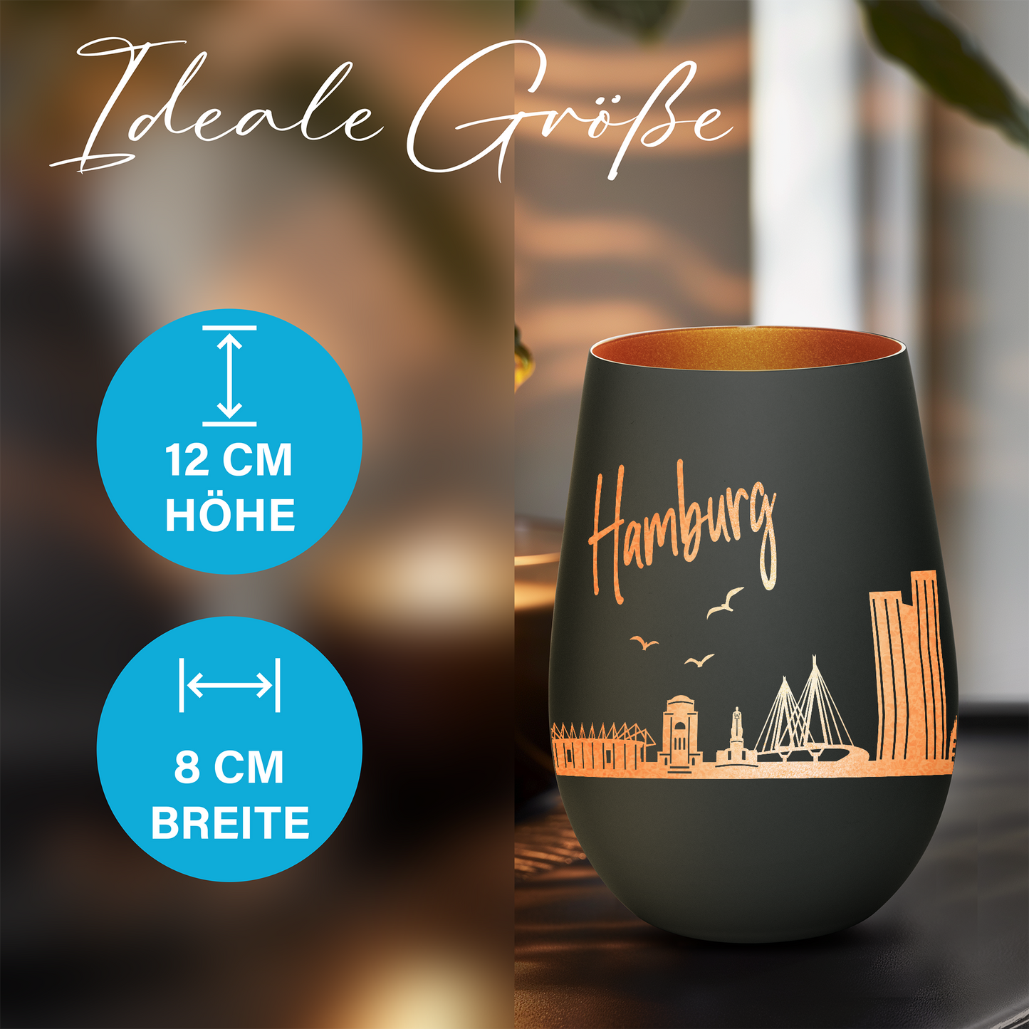 Hochwertiges Glas Windlicht mit Gravur "SKYLINE HAMBURG" in der Farbe Schwarz/Bronze