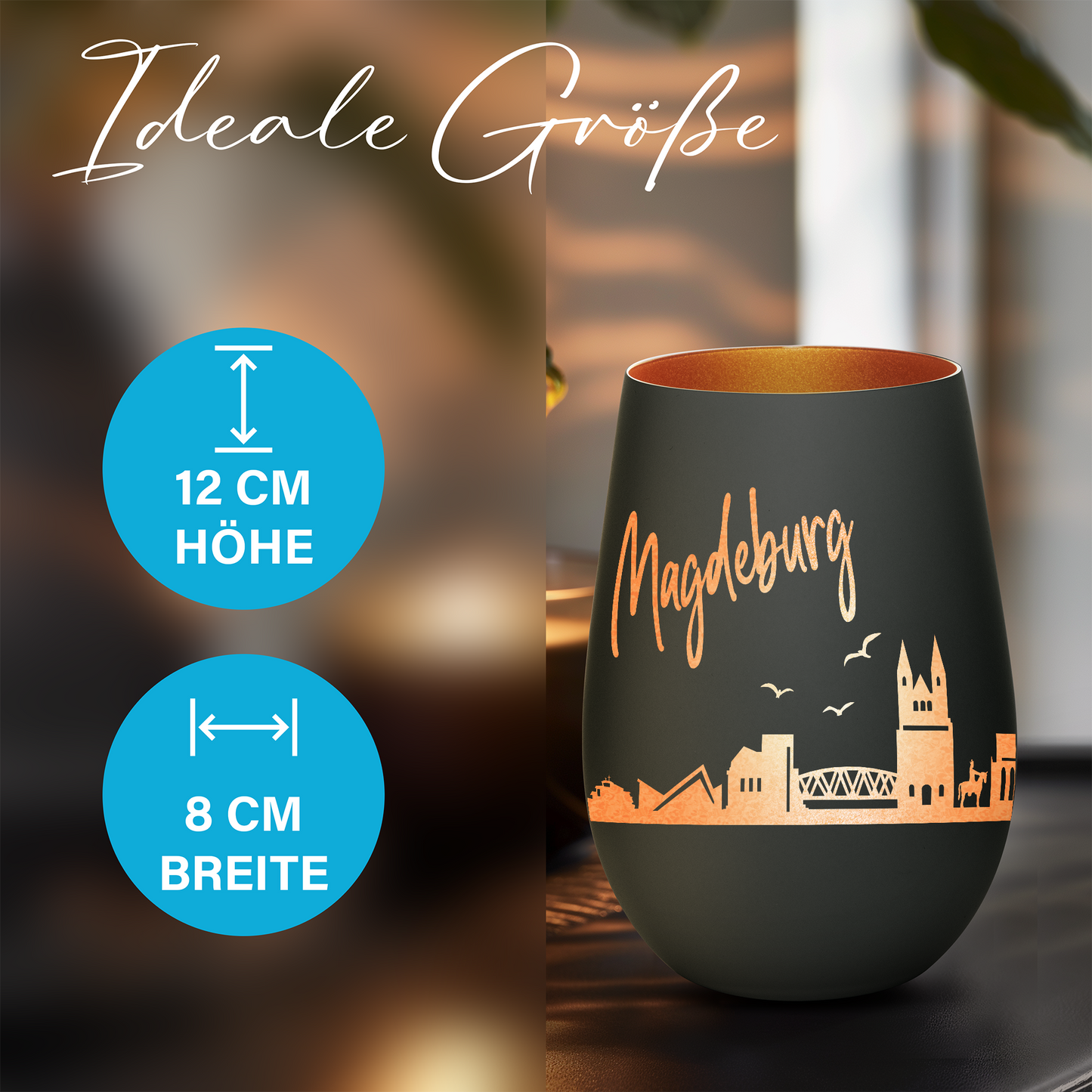 Hochwertiges Glas Windlicht mit Gravur "SKYLINE MAGDEBURG" in der Farbe Schwarz/Bronze