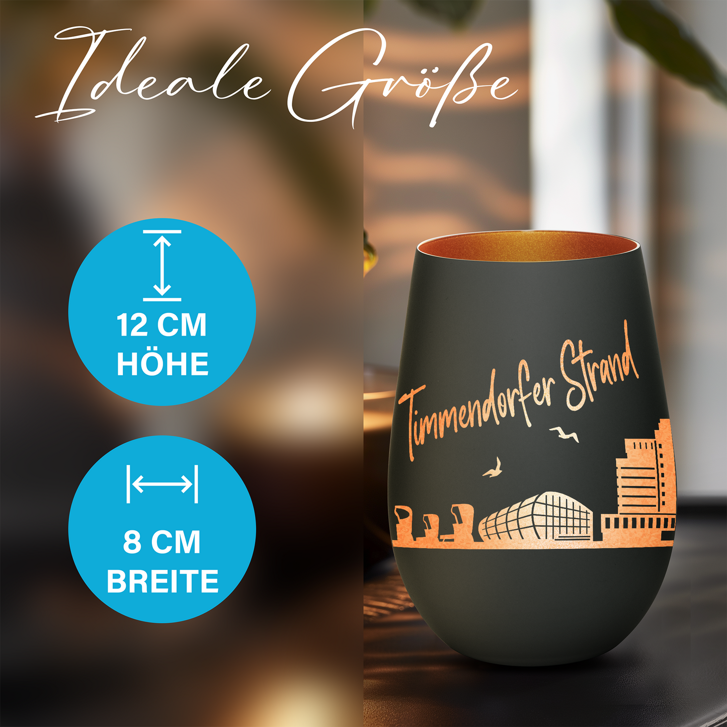 Hochwertiges Glas Windlicht mit Gravur "SKYLINE TIMMENDORFER STRAND" in der Farbe Schwarz/Bronze