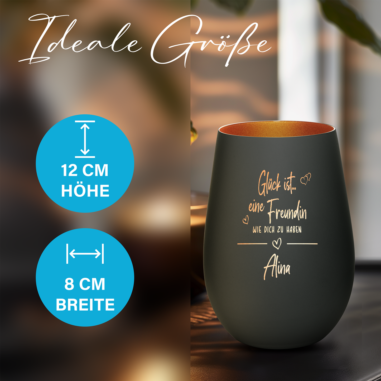 Hochwertiges Glas Windlicht mit Gravur "GLÜCK IST EINE FREUNDIN WIE DICH ZU HABEN" mit Wunschname in der Farbe Schwarz/Bronze