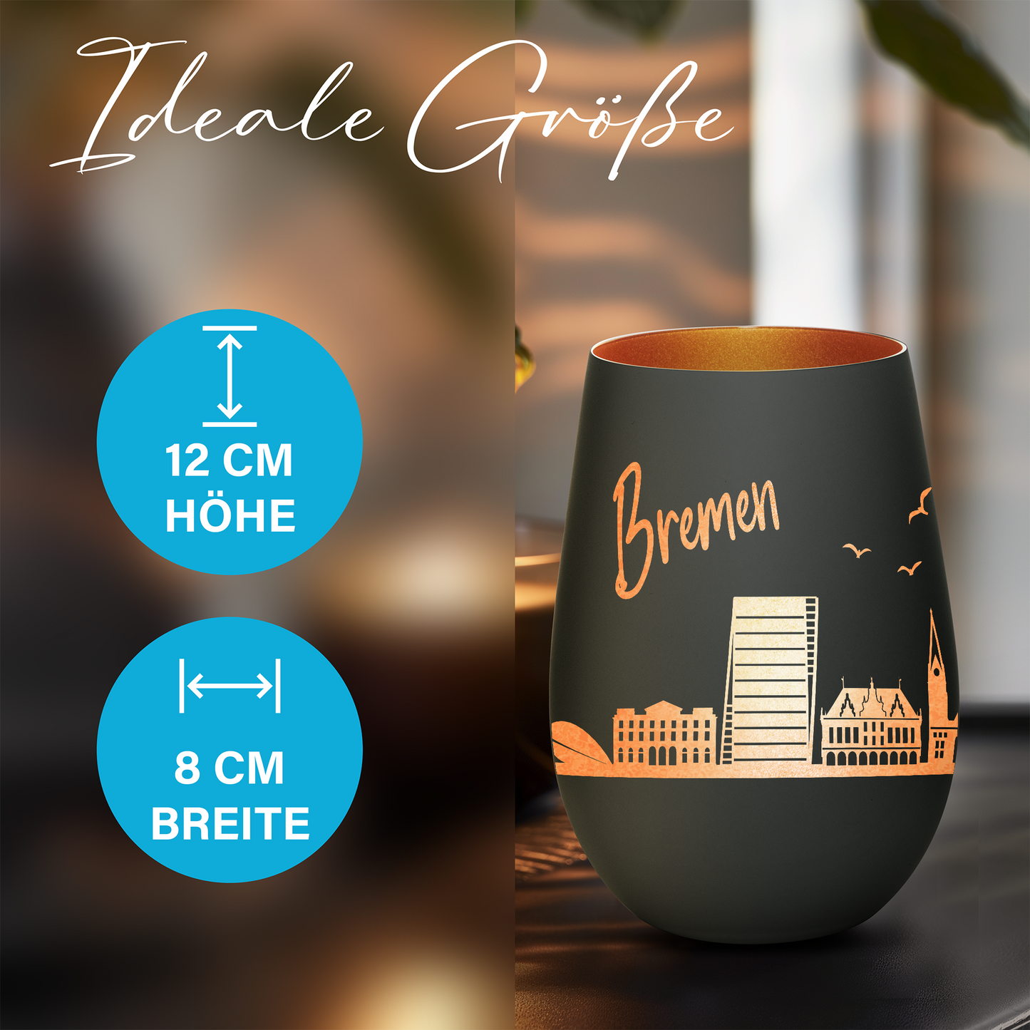 Hochwertiges Glas Windlicht mit Gravur "SKYLINE BREMEN" in der Farbe Schwarz/Bronze