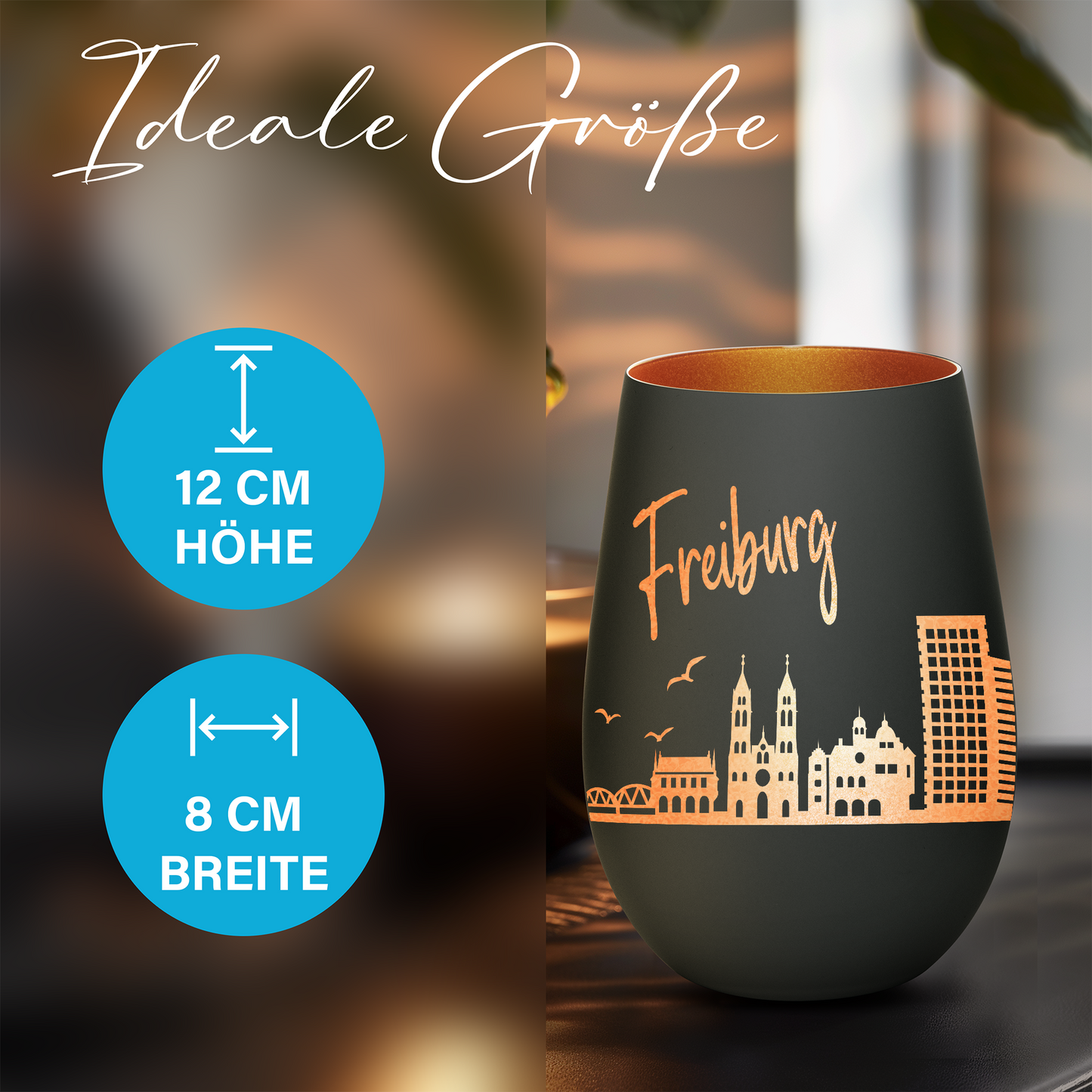 Hochwertiges Glas Windlicht mit Gravur "SKYLINE FREIBURG" in der Farbe Schwarz/Bronze