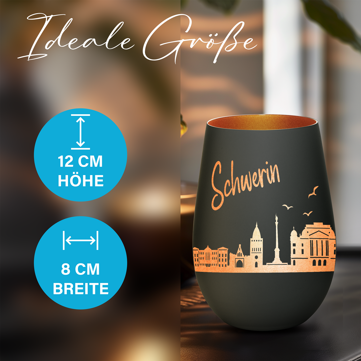 Hochwertiges Glas Windlicht mit Gravur "SKYLINE SCHWERIN" in der Farbe Schwarz/Bronze