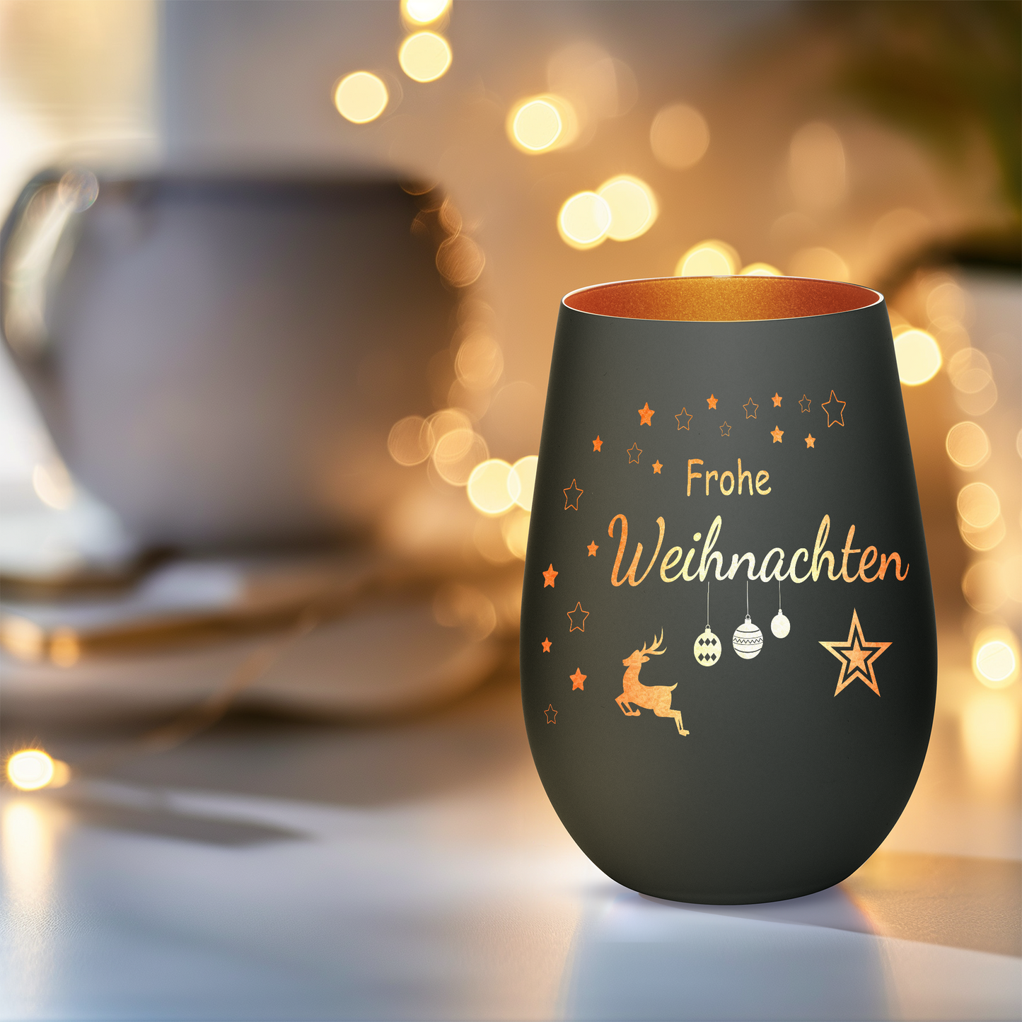 Hochwertiges Glas Windlicht mit Gravur "FROHE WEIHNACHTEN" in der Farbe Schwarz/Bronze
