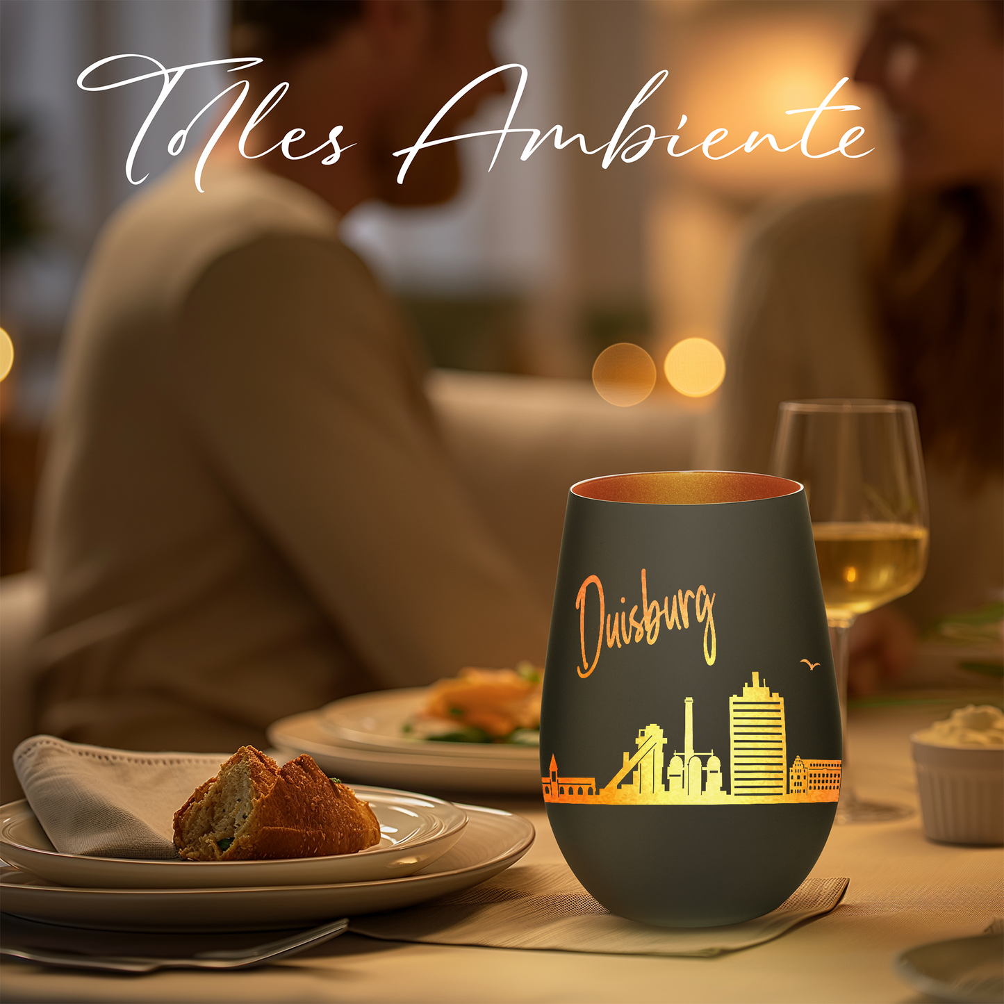 Hochwertiges Glas Windlicht mit Gravur "SKYLINE DUISBURG" in der Farbe Schwarz/Bronze