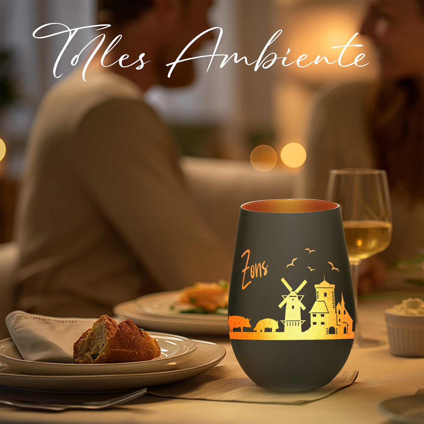Hochwertiges Glas Windlicht mit Gravur "SKYLINE ZONS (DORMAGEN)" in der Farbe Schwarz/Bronze