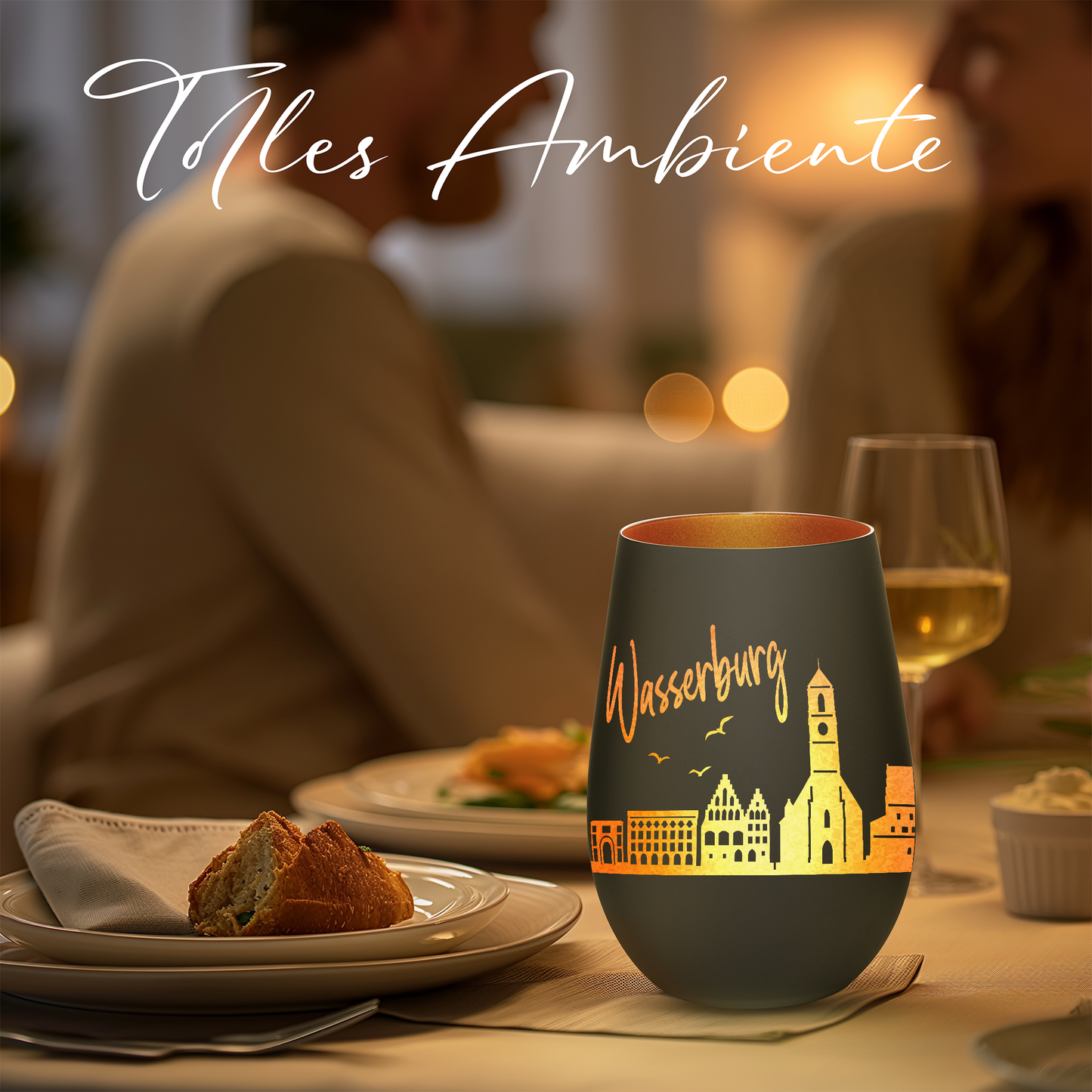 Hochwertiges Glas Windlicht mit Gravur "SKYLINE WASSERBURG" in der Farbe Schwarz/Bronze
