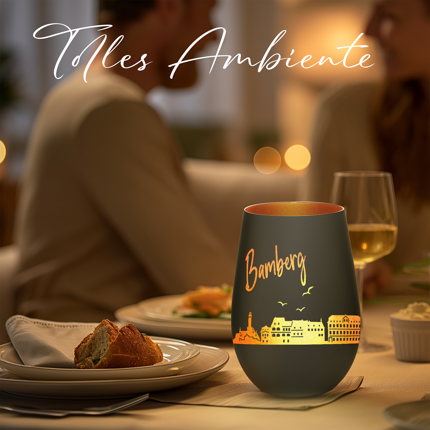 Hochwertiges Glas Windlicht mit Gravur "SKYLINE BAMBERG" in der Farbe Schwarz/Bronze